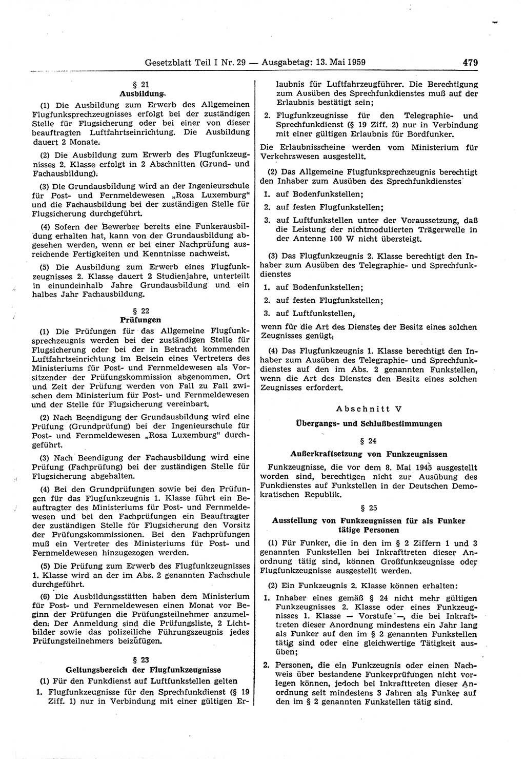 Gesetzblatt (GBl.) der Deutschen Demokratischen Republik (DDR) Teil Ⅰ 1959, Seite 479 (GBl. DDR Ⅰ 1959, S. 479)
