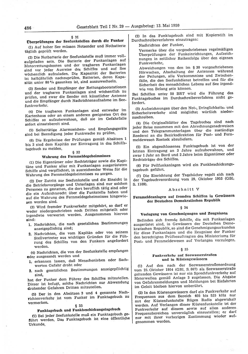 Gesetzblatt (GBl.) der Deutschen Demokratischen Republik (DDR) Teil Ⅰ 1959, Seite 486 (GBl. DDR Ⅰ 1959, S. 486)