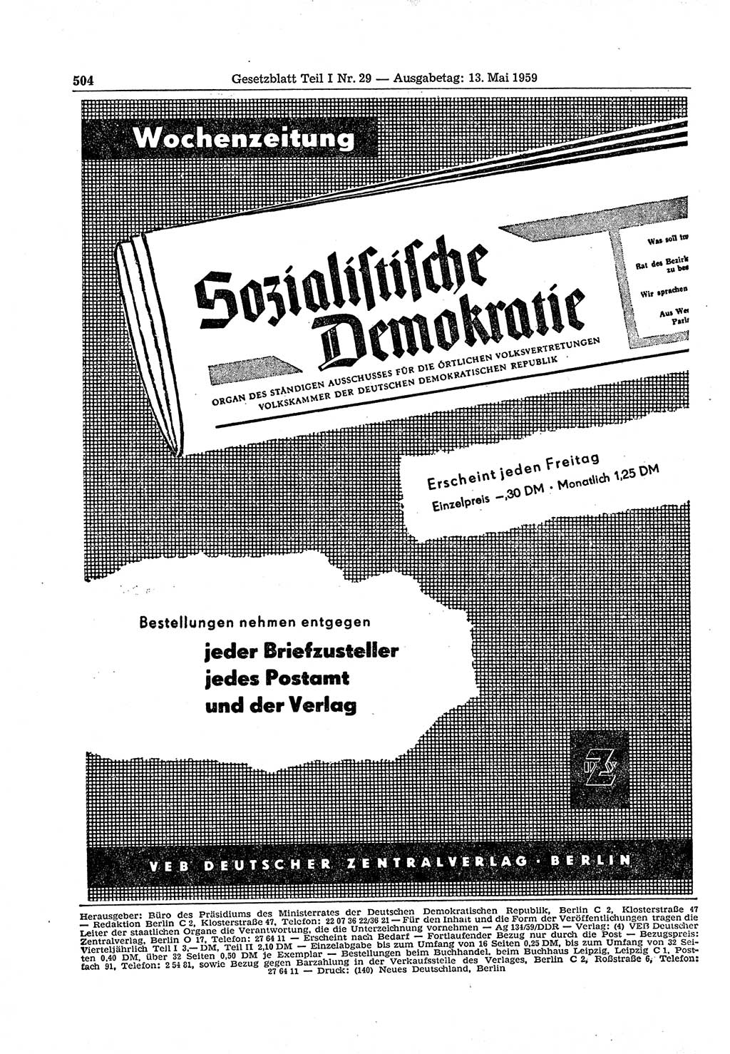 Gesetzblatt (GBl.) der Deutschen Demokratischen Republik (DDR) Teil Ⅰ 1959, Seite 504 (GBl. DDR Ⅰ 1959, S. 504)