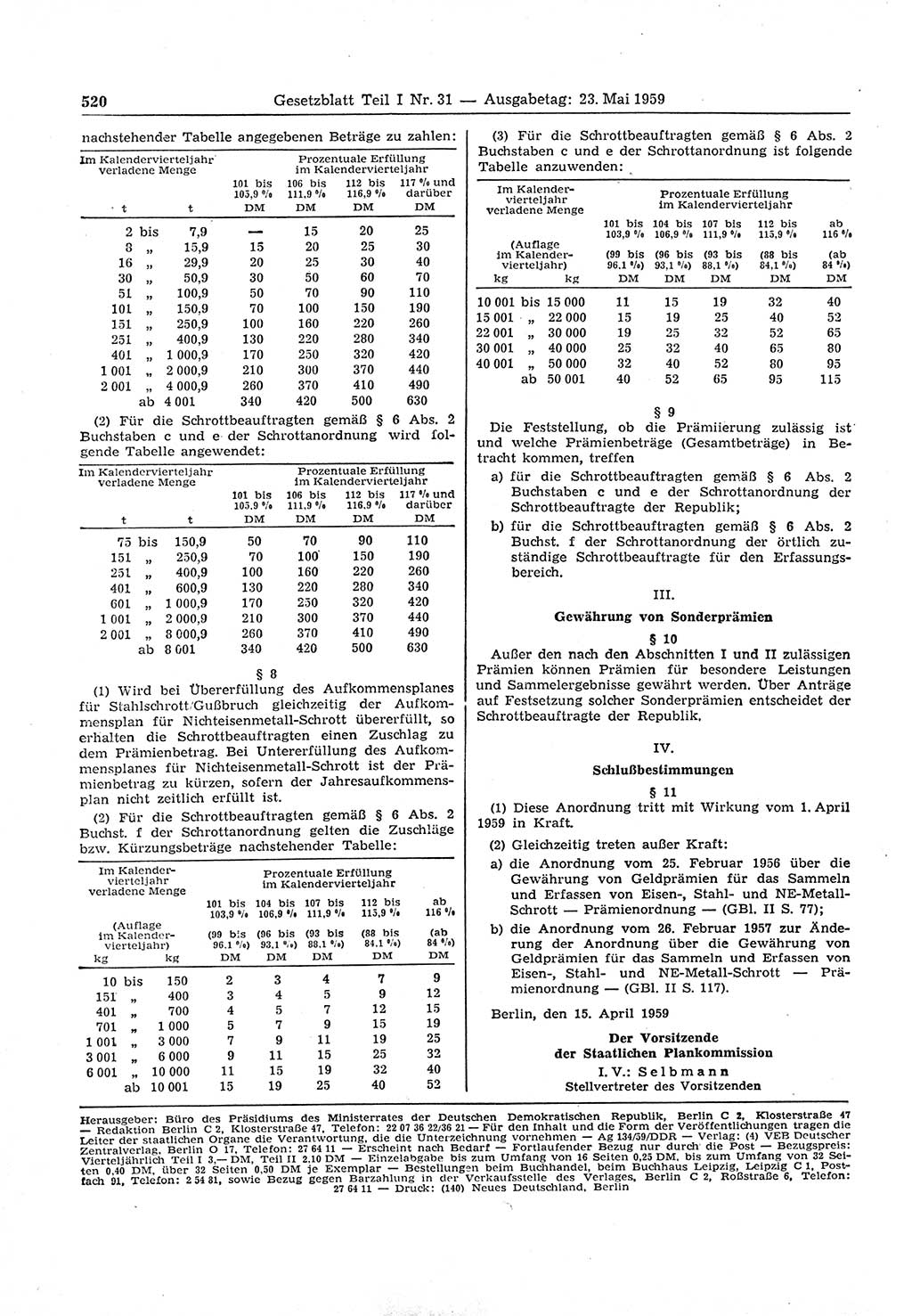 Gesetzblatt (GBl.) der Deutschen Demokratischen Republik (DDR) Teil Ⅰ 1959, Seite 520 (GBl. DDR Ⅰ 1959, S. 520)