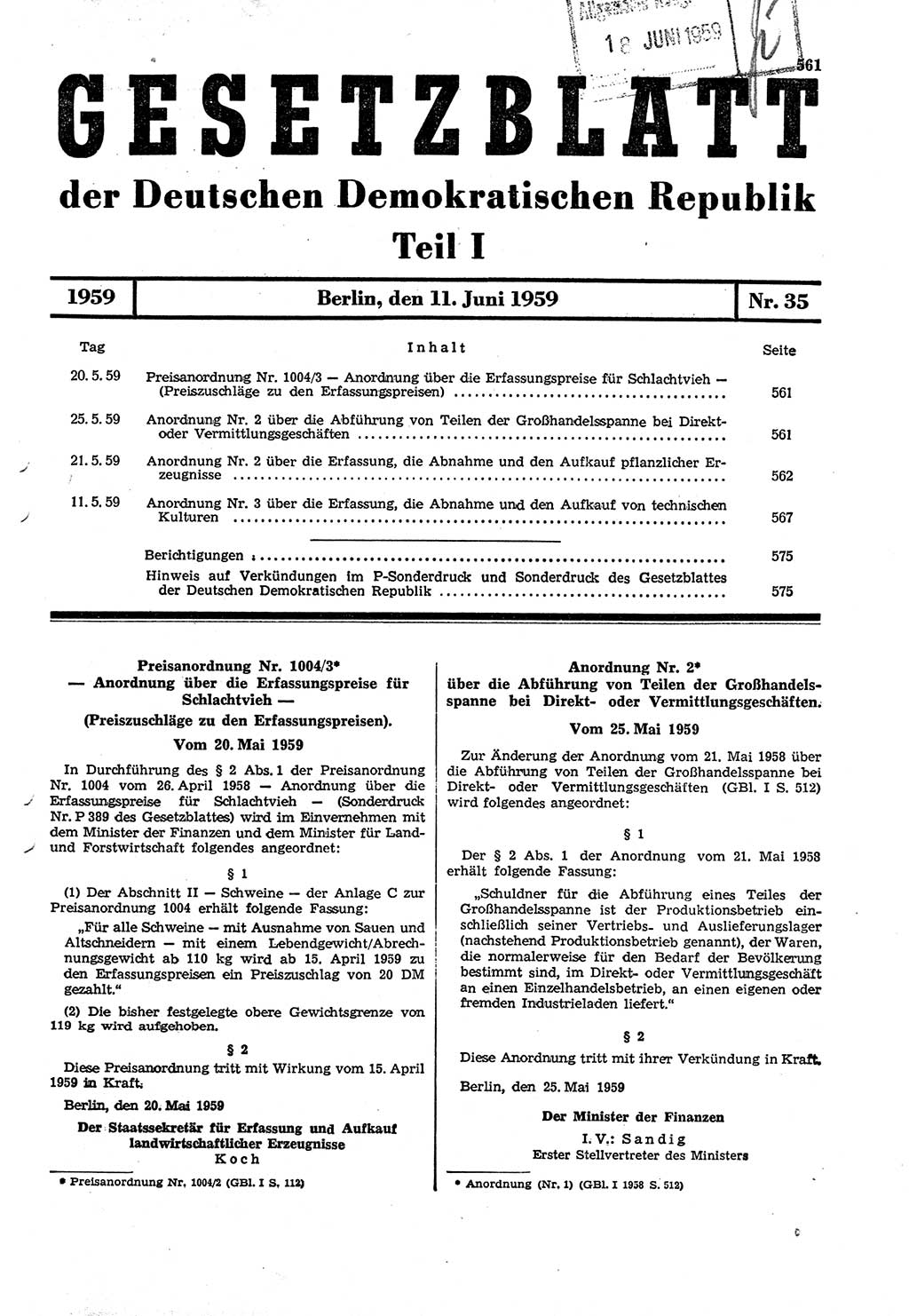 Gesetzblatt (GBl.) der Deutschen Demokratischen Republik (DDR) Teil Ⅰ 1959, Seite 561 (GBl. DDR Ⅰ 1959, S. 561)