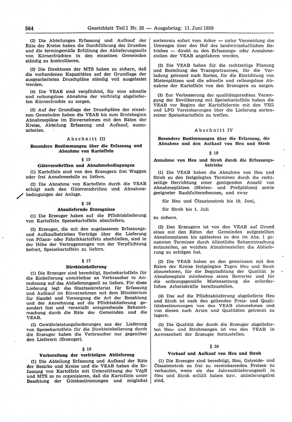 Gesetzblatt (GBl.) der Deutschen Demokratischen Republik (DDR) Teil Ⅰ 1959, Seite 564 (GBl. DDR Ⅰ 1959, S. 564)