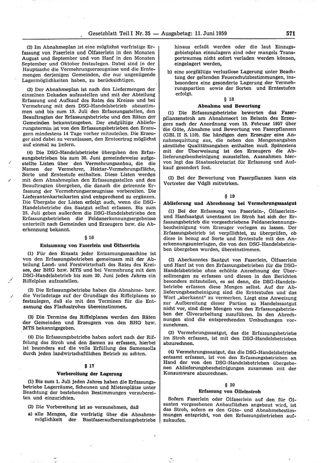 Gesetzblatt (GBl.) der Deutschen Demokratischen Republik (DDR) Teil Ⅰ 1959, Seite 571 (GBl. DDR Ⅰ 1959, S. 571)