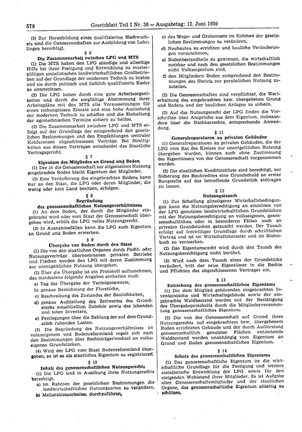 Gesetzblatt (GBl.) der Deutschen Demokratischen Republik (DDR) Teil Ⅰ 1959, Seite 578 (GBl. DDR Ⅰ 1959, S. 578)