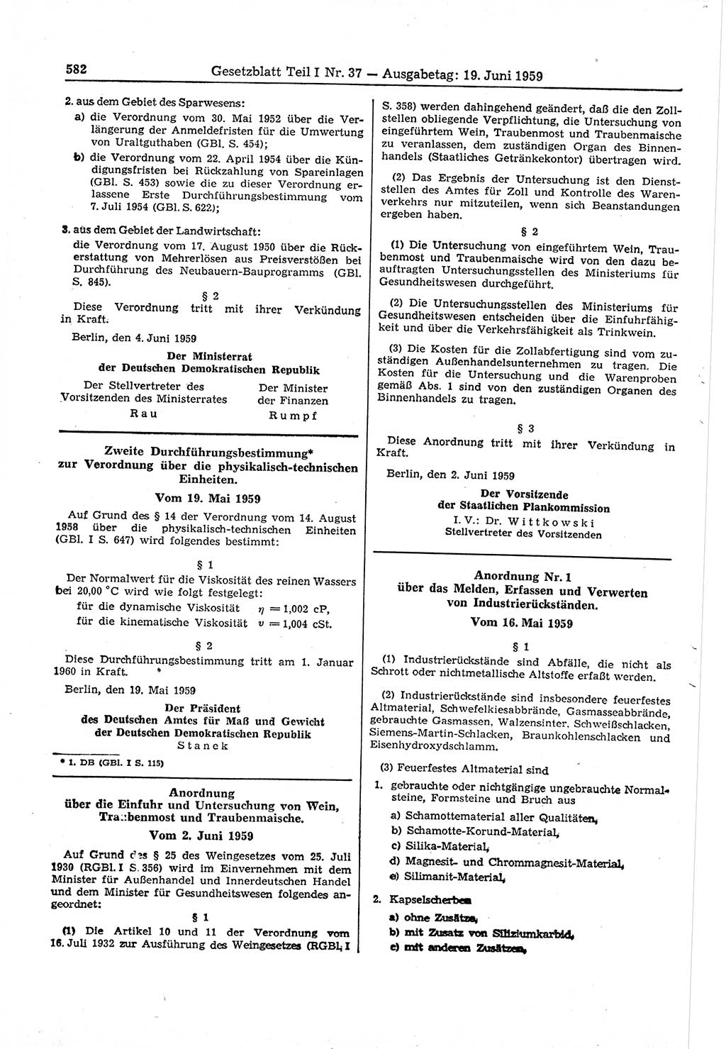 Gesetzblatt (GBl.) der Deutschen Demokratischen Republik (DDR) Teil Ⅰ 1959, Seite 582 (GBl. DDR Ⅰ 1959, S. 582)