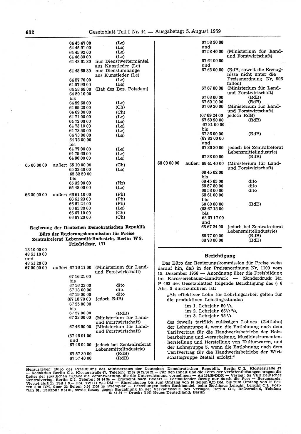 Gesetzblatt (GBl.) der Deutschen Demokratischen Republik (DDR) Teil Ⅰ 1959, Seite 632 (GBl. DDR Ⅰ 1959, S. 632)