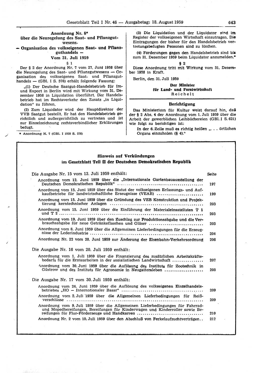 Gesetzblatt (GBl.) der Deutschen Demokratischen Republik (DDR) Teil Ⅰ 1959, Seite 643 (GBl. DDR Ⅰ 1959, S. 643)