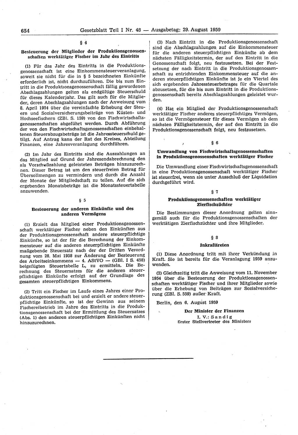 Gesetzblatt (GBl.) der Deutschen Demokratischen Republik (DDR) Teil Ⅰ 1959, Seite 654 (GBl. DDR Ⅰ 1959, S. 654)