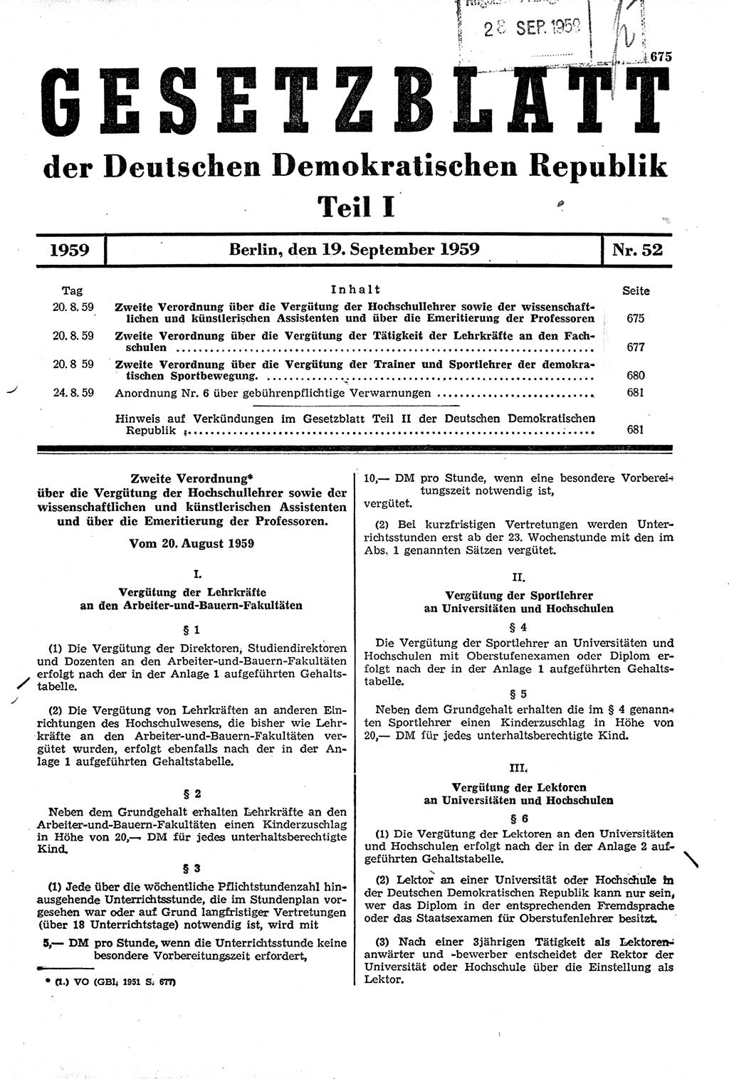 Gesetzblatt (GBl.) der Deutschen Demokratischen Republik (DDR) Teil Ⅰ 1959, Seite 675 (GBl. DDR Ⅰ 1959, S. 675)
