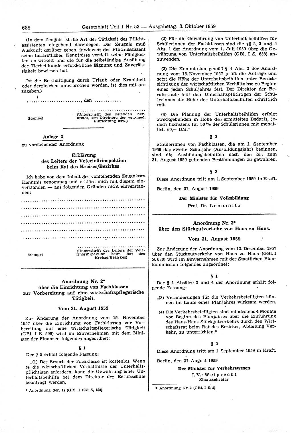 Gesetzblatt (GBl.) der Deutschen Demokratischen Republik (DDR) Teil Ⅰ 1959, Seite 688 (GBl. DDR Ⅰ 1959, S. 688)