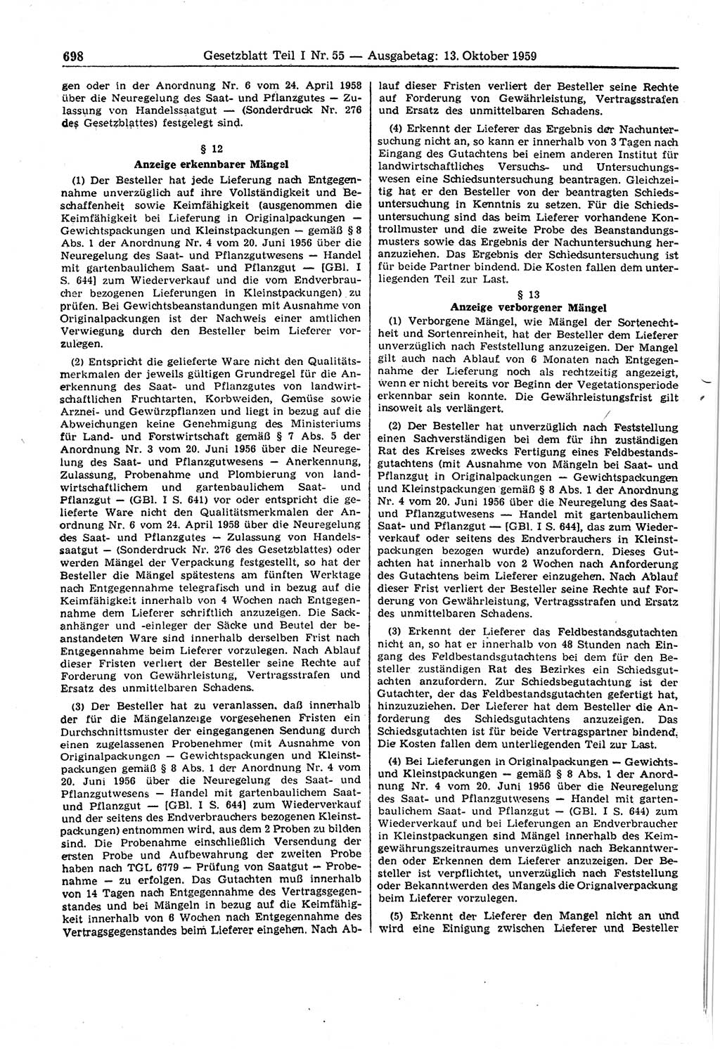 Gesetzblatt (GBl.) der Deutschen Demokratischen Republik (DDR) Teil Ⅰ 1959, Seite 698 (GBl. DDR Ⅰ 1959, S. 698)