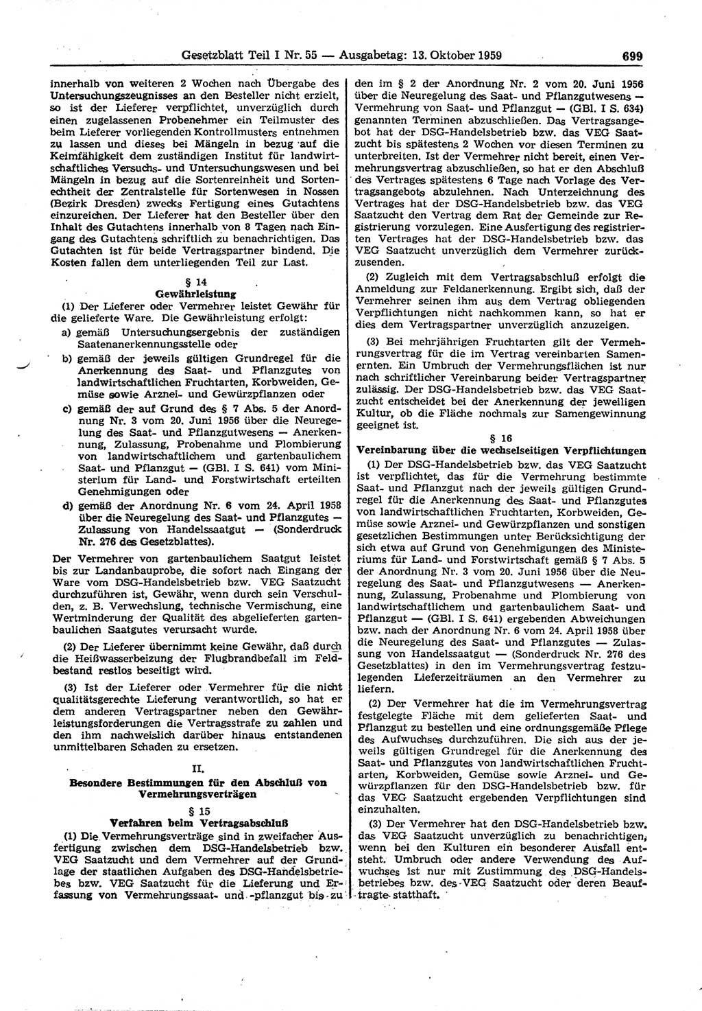 Gesetzblatt (GBl.) der Deutschen Demokratischen Republik (DDR) Teil Ⅰ 1959, Seite 699 (GBl. DDR Ⅰ 1959, S. 699)