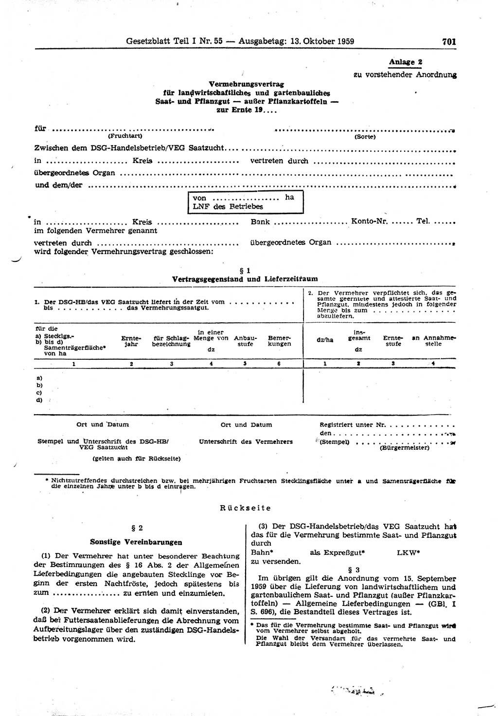 Gesetzblatt (GBl.) der Deutschen Demokratischen Republik (DDR) Teil Ⅰ 1959, Seite 701 (GBl. DDR Ⅰ 1959, S. 701)