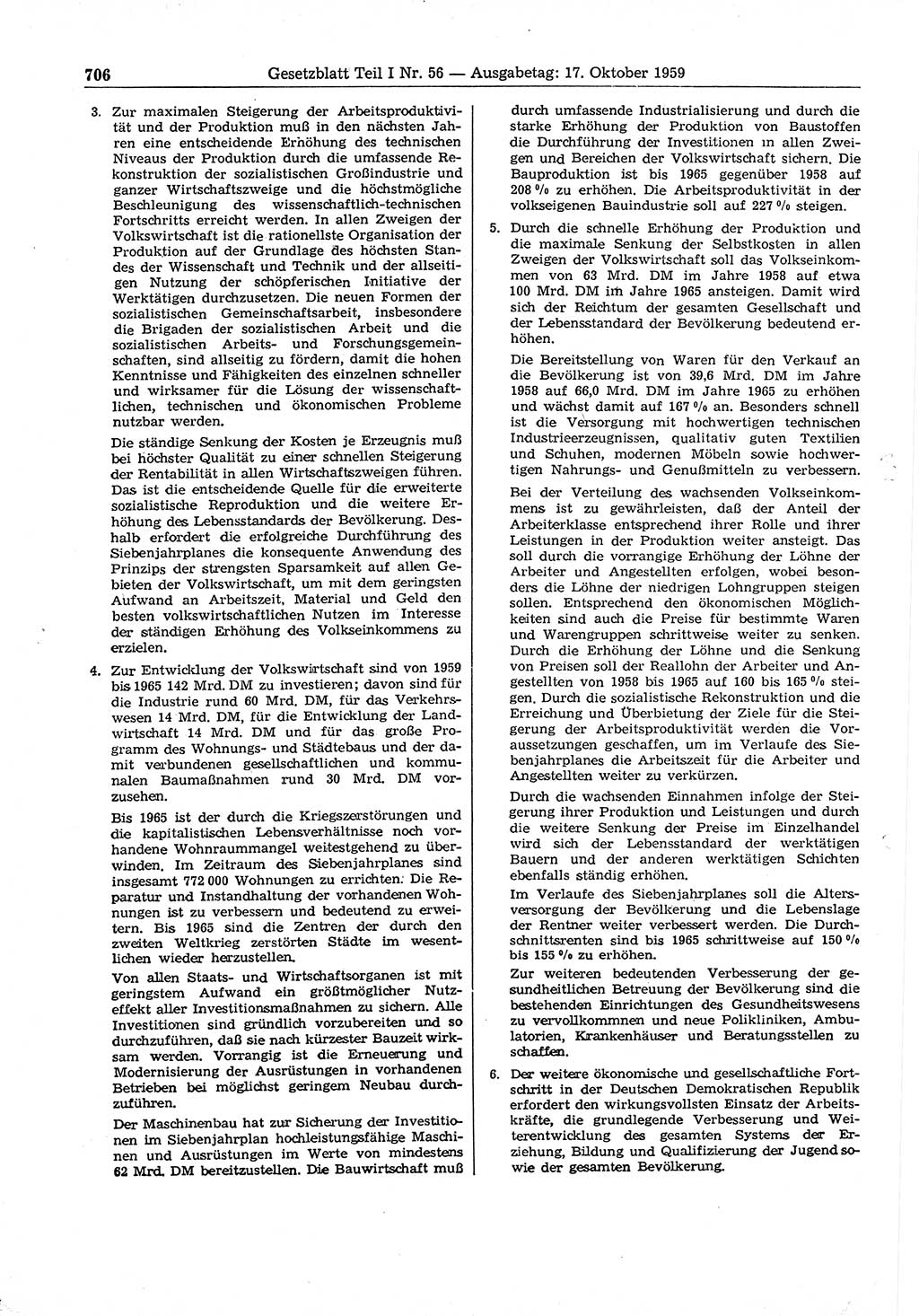 Gesetzblatt (GBl.) der Deutschen Demokratischen Republik (DDR) Teil Ⅰ 1959, Seite 706 (GBl. DDR Ⅰ 1959, S. 706)