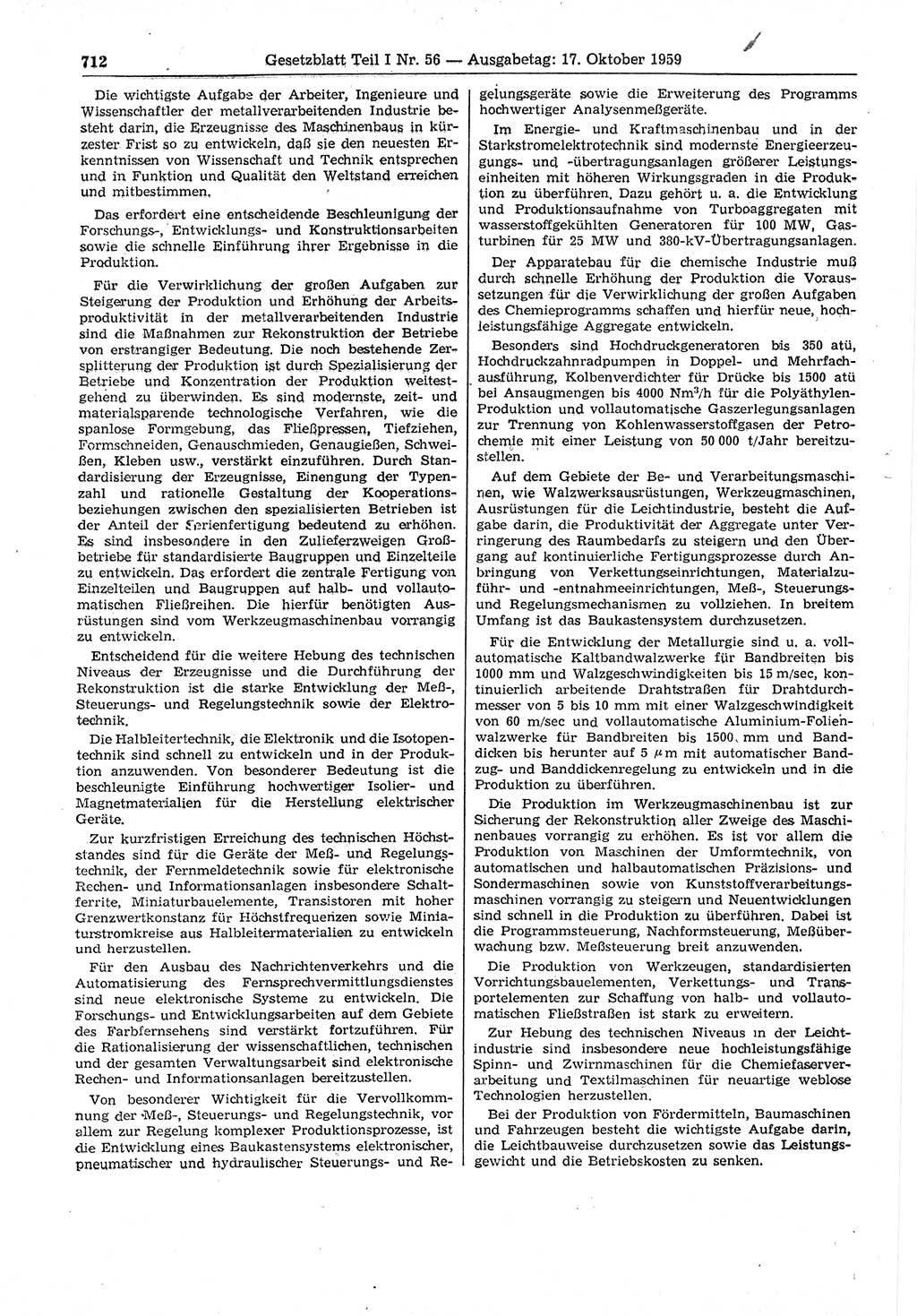 Gesetzblatt (GBl.) der Deutschen Demokratischen Republik (DDR) Teil Ⅰ 1959, Seite 712 (GBl. DDR Ⅰ 1959, S. 712)