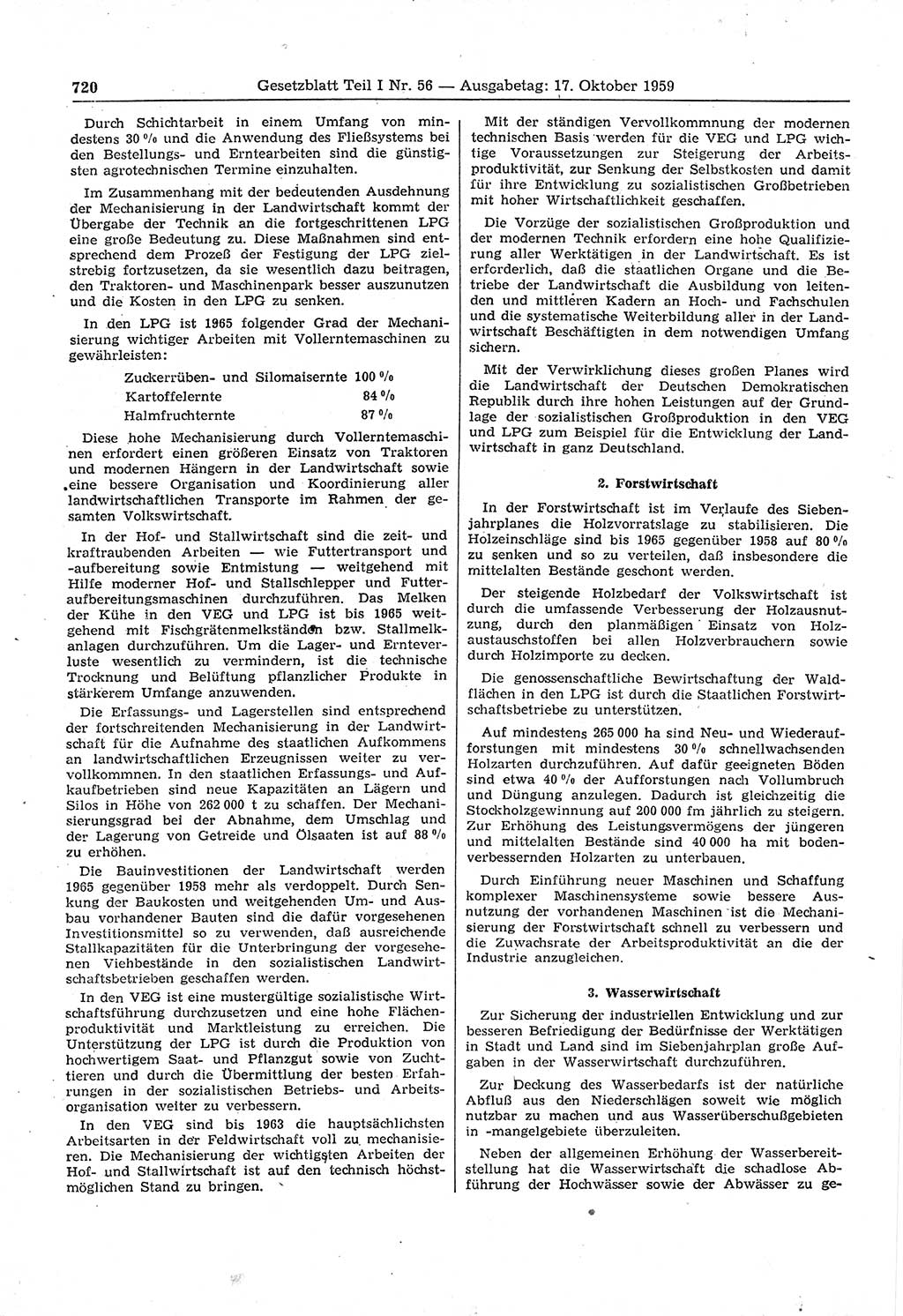 Gesetzblatt (GBl.) der Deutschen Demokratischen Republik (DDR) Teil Ⅰ 1959, Seite 720 (GBl. DDR Ⅰ 1959, S. 720)