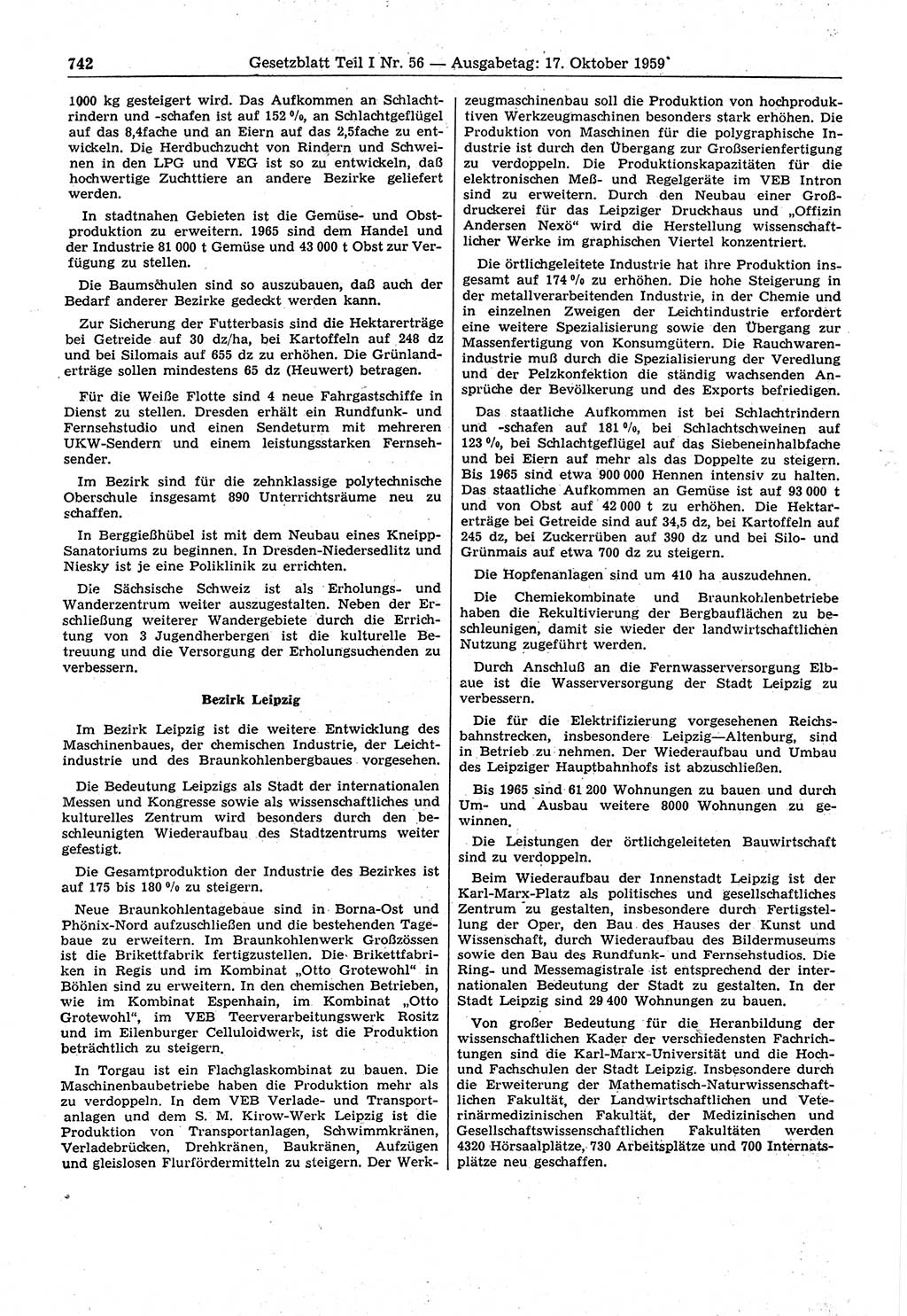 Gesetzblatt (GBl.) der Deutschen Demokratischen Republik (DDR) Teil Ⅰ 1959, Seite 742 (GBl. DDR Ⅰ 1959, S. 742)