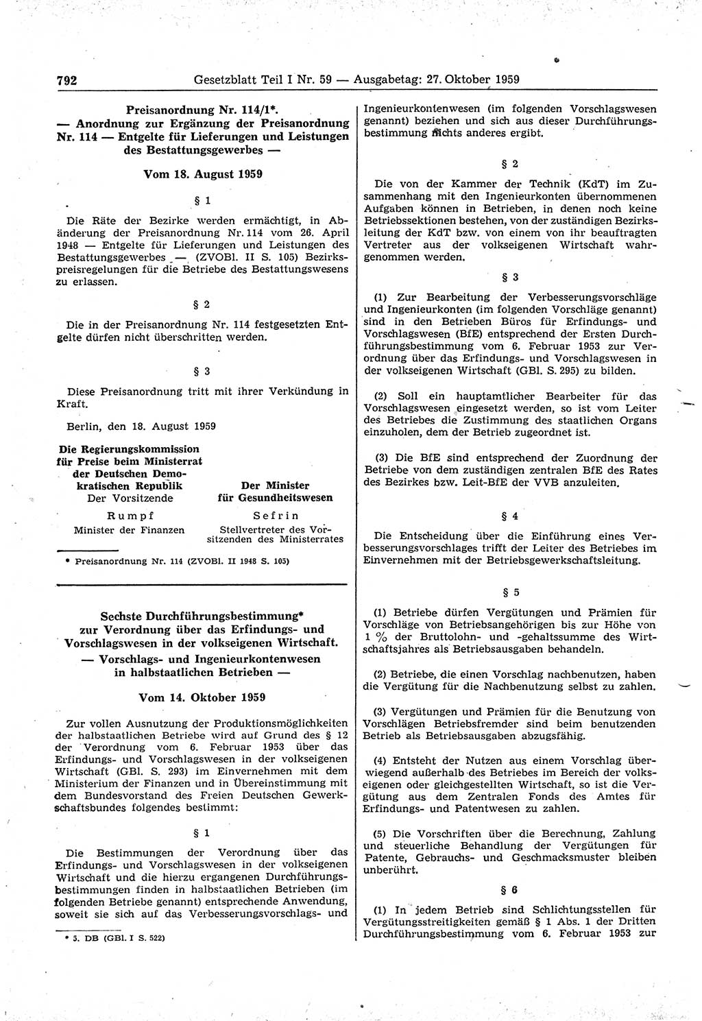 Gesetzblatt (GBl.) der Deutschen Demokratischen Republik (DDR) Teil Ⅰ 1959, Seite 792 (GBl. DDR Ⅰ 1959, S. 792)