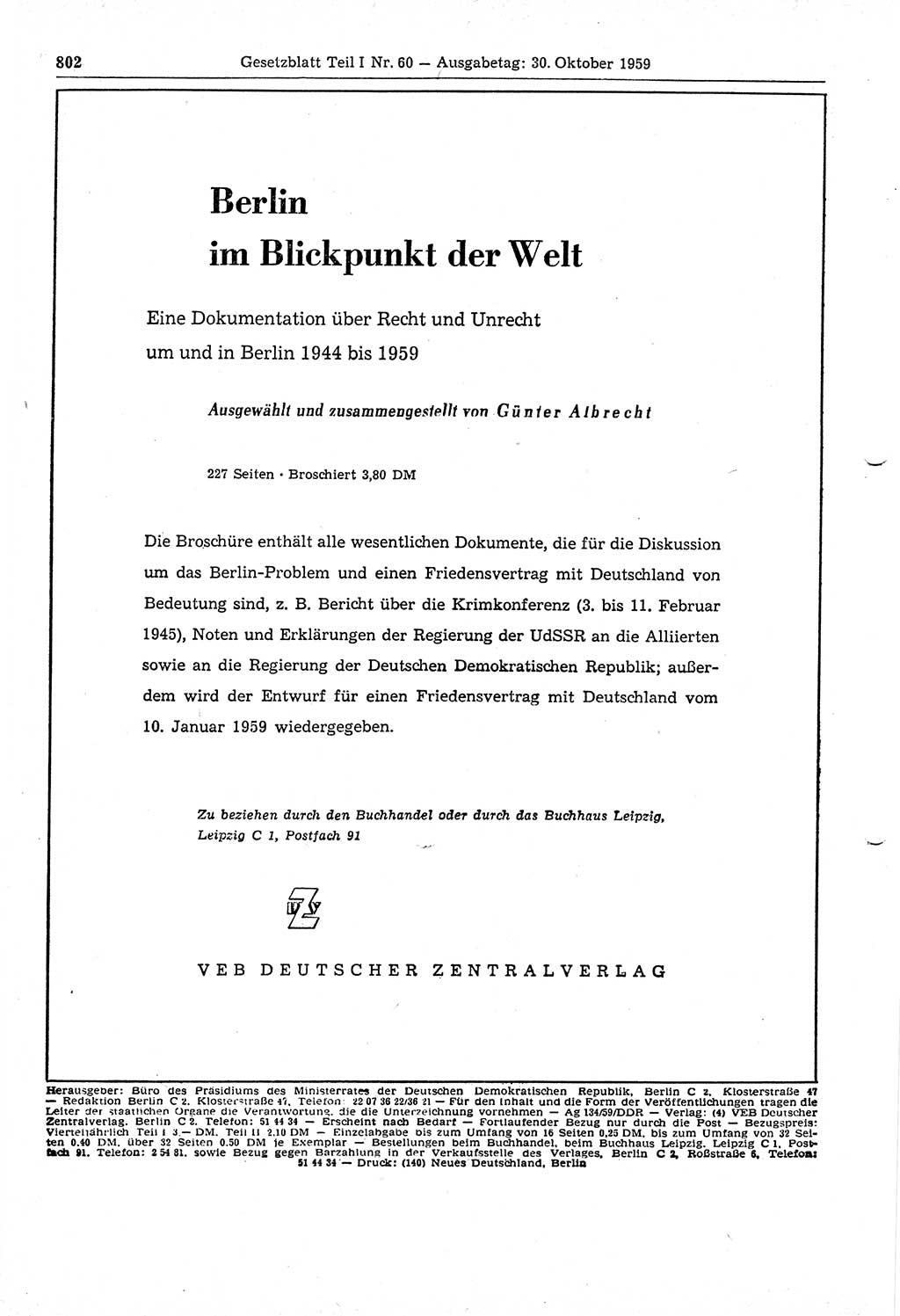 Gesetzblatt (GBl.) der Deutschen Demokratischen Republik (DDR) Teil Ⅰ 1959, Seite 802 (GBl. DDR Ⅰ 1959, S. 802)