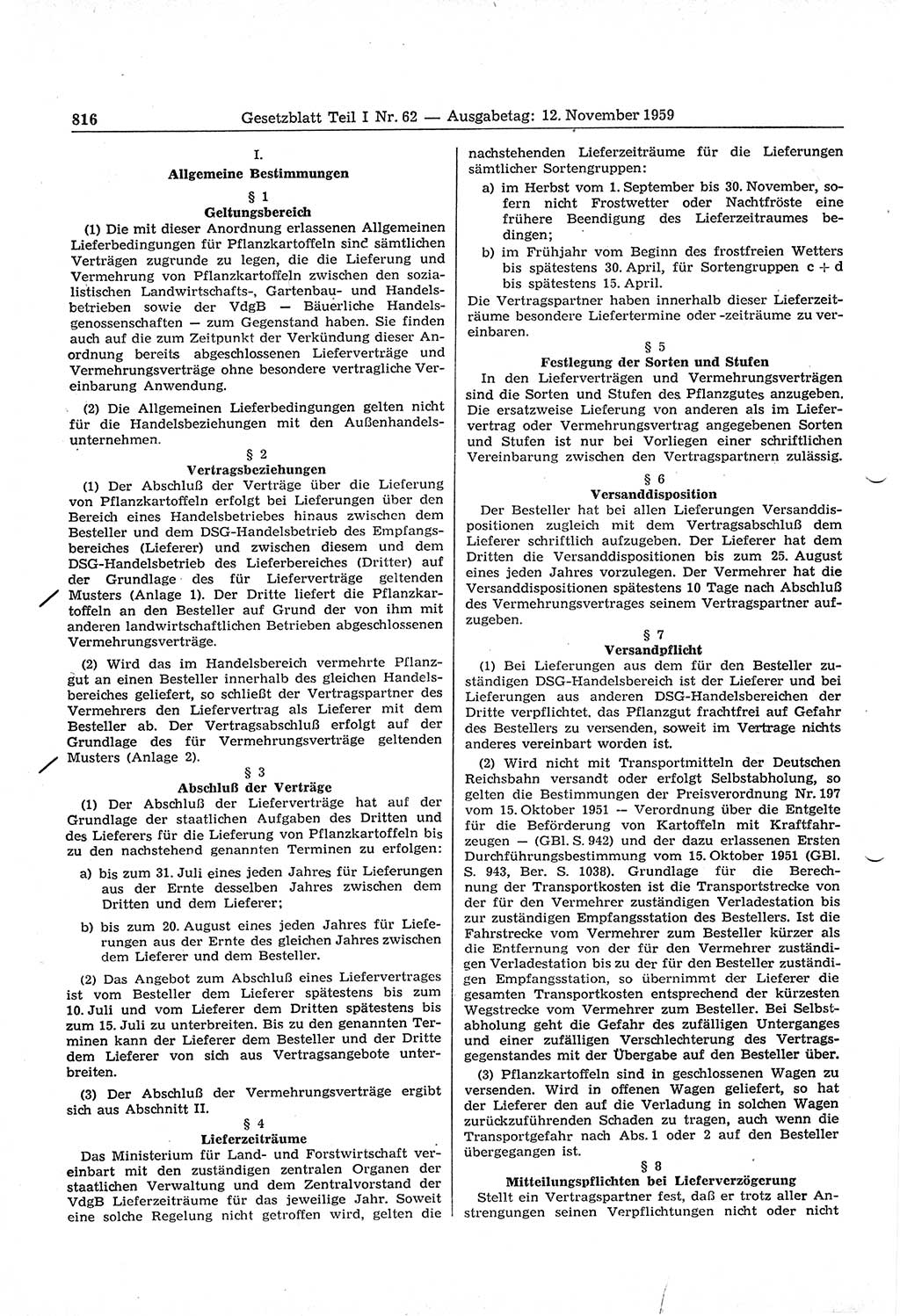Gesetzblatt (GBl.) der Deutschen Demokratischen Republik (DDR) Teil Ⅰ 1959, Seite 816 (GBl. DDR Ⅰ 1959, S. 816)