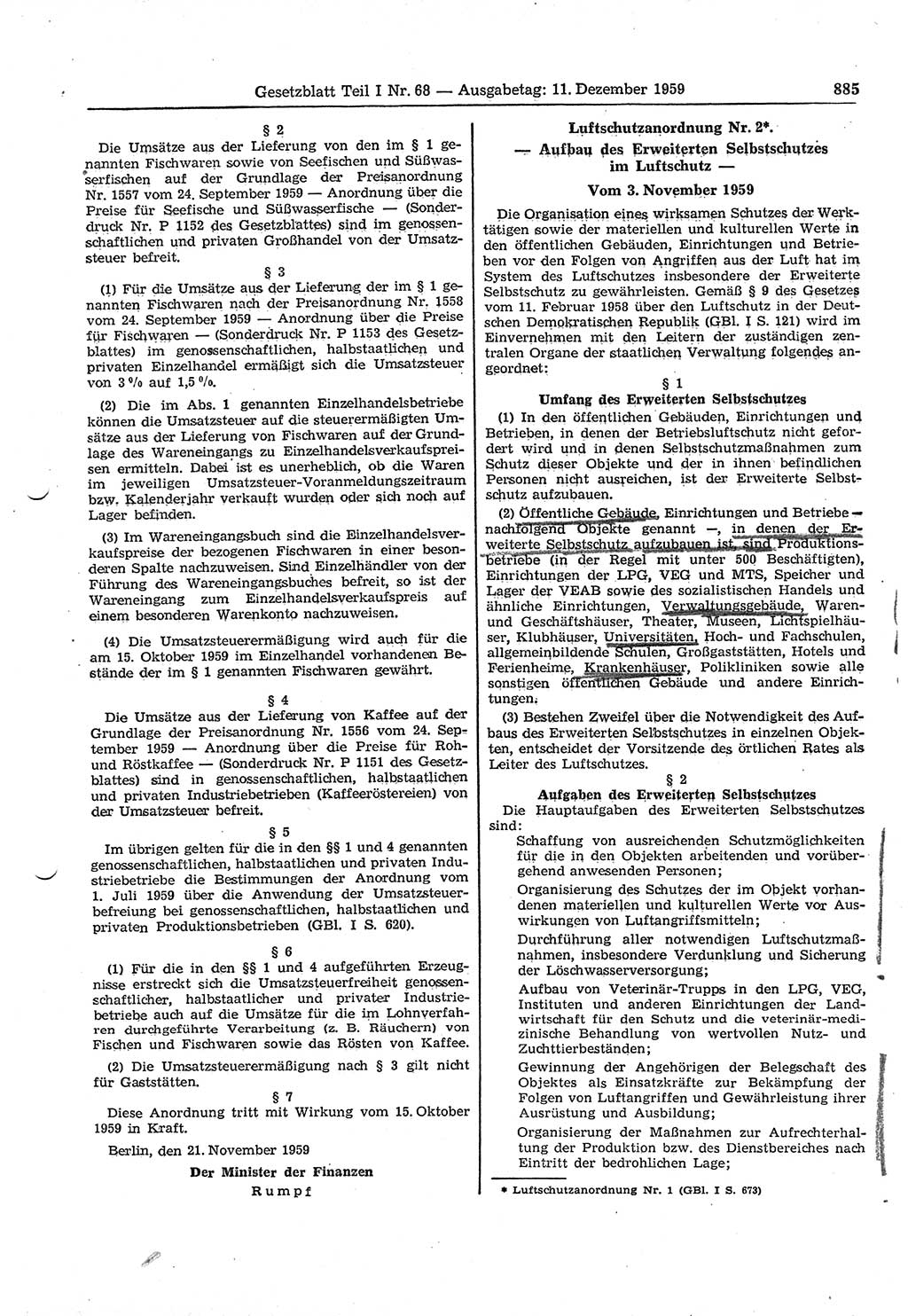 Gesetzblatt (GBl.) der Deutschen Demokratischen Republik (DDR) Teil Ⅰ 1959, Seite 885 (GBl. DDR Ⅰ 1959, S. 885)