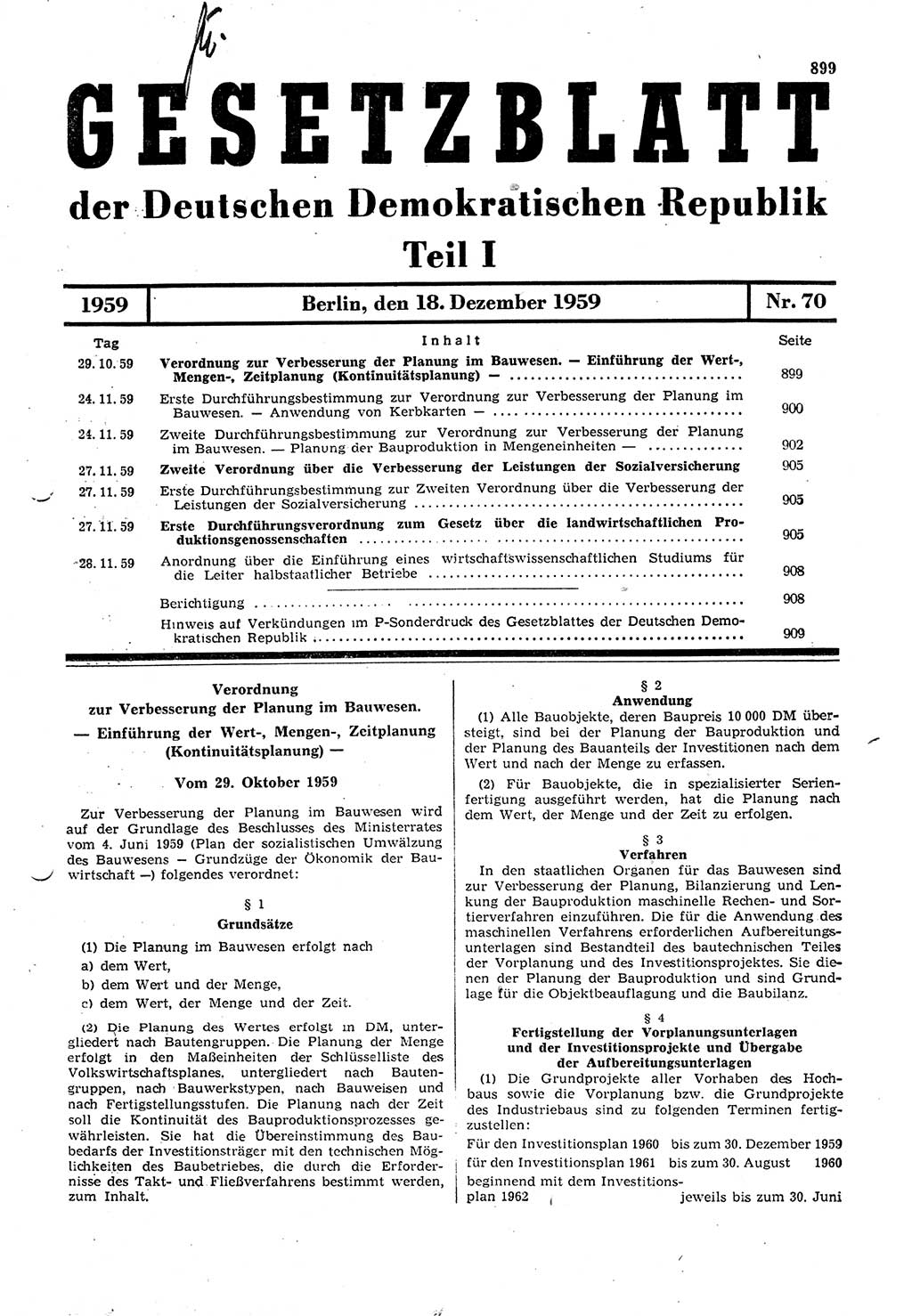 Gesetzblatt (GBl.) der Deutschen Demokratischen Republik (DDR) Teil Ⅰ 1959, Seite 899 (GBl. DDR Ⅰ 1959, S. 899)
