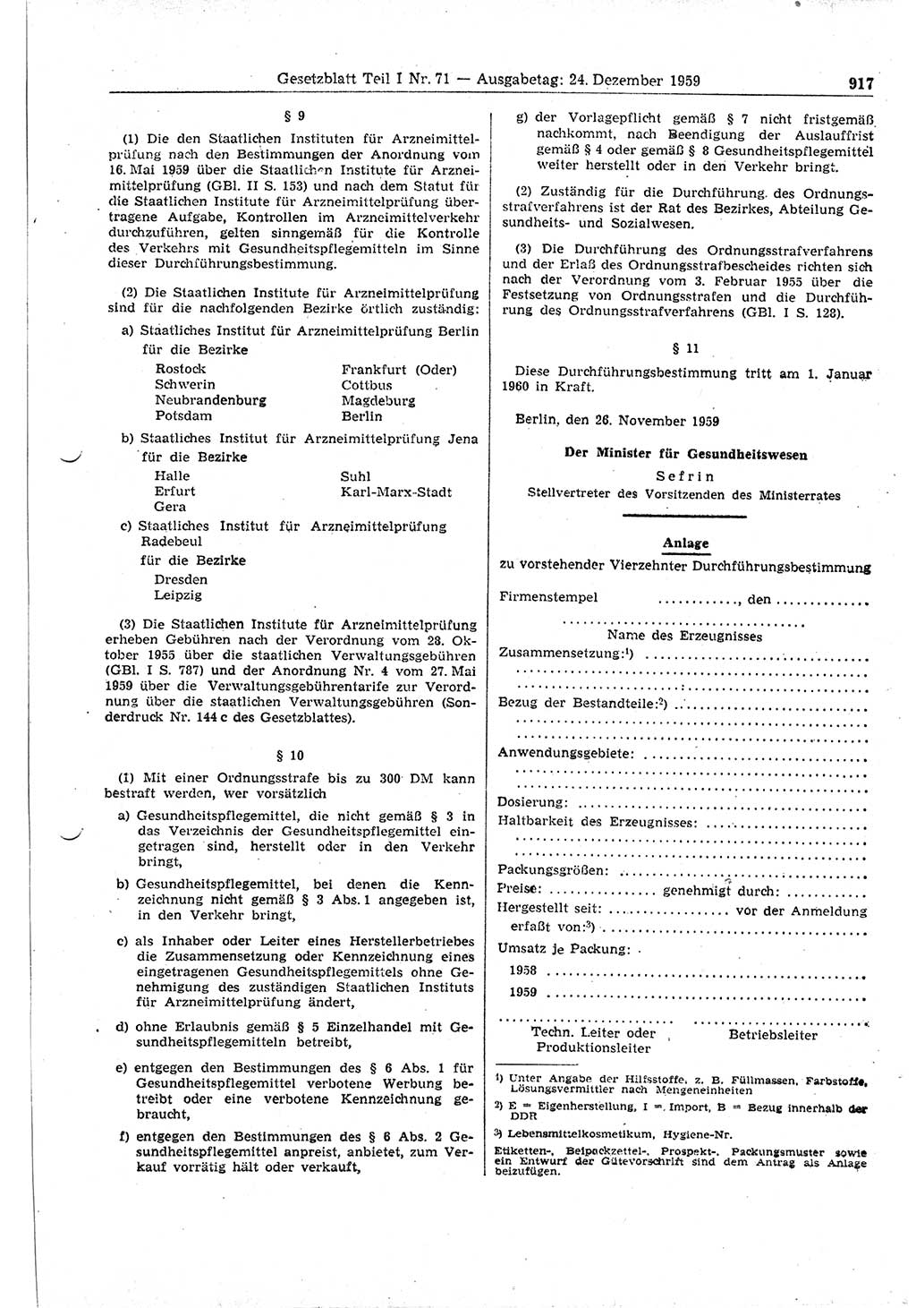 Gesetzblatt (GBl.) der Deutschen Demokratischen Republik (DDR) Teil Ⅰ 1959, Seite 917 (GBl. DDR Ⅰ 1959, S. 917)