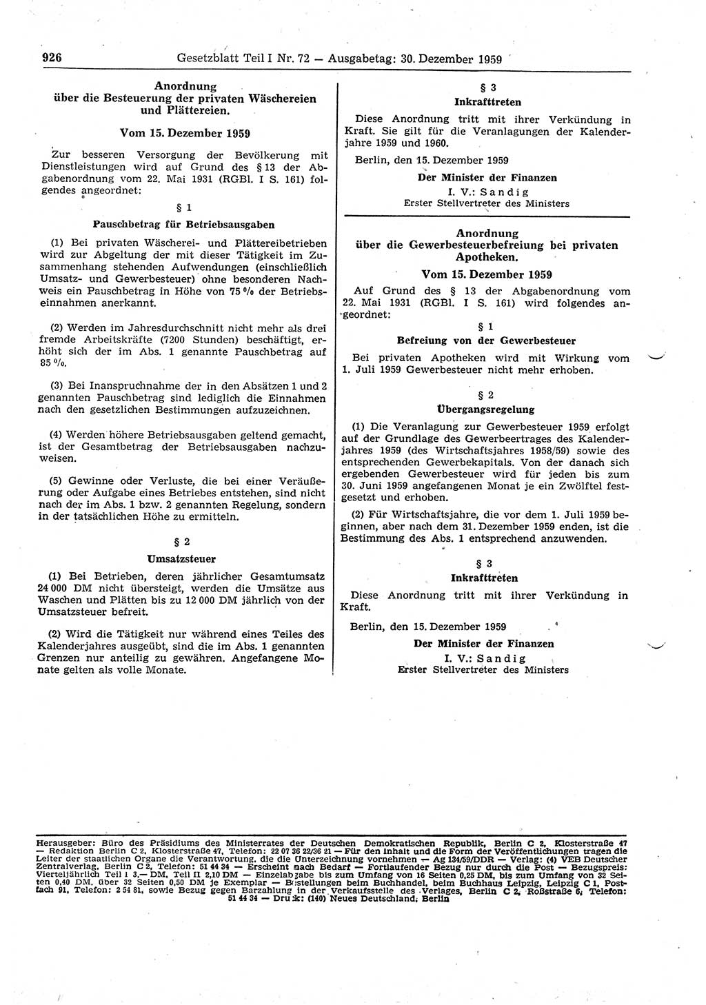 Gesetzblatt (GBl.) der Deutschen Demokratischen Republik (DDR) Teil Ⅰ 1959, Seite 926 (GBl. DDR Ⅰ 1959, S. 926)