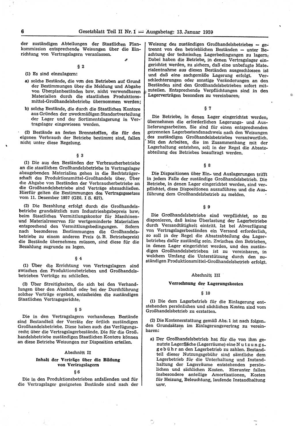 Gesetzblatt (GBl.) der Deutschen Demokratischen Republik (DDR) Teil ⅠⅠ 1959, Seite 6 (GBl. DDR ⅠⅠ 1959, S. 6)