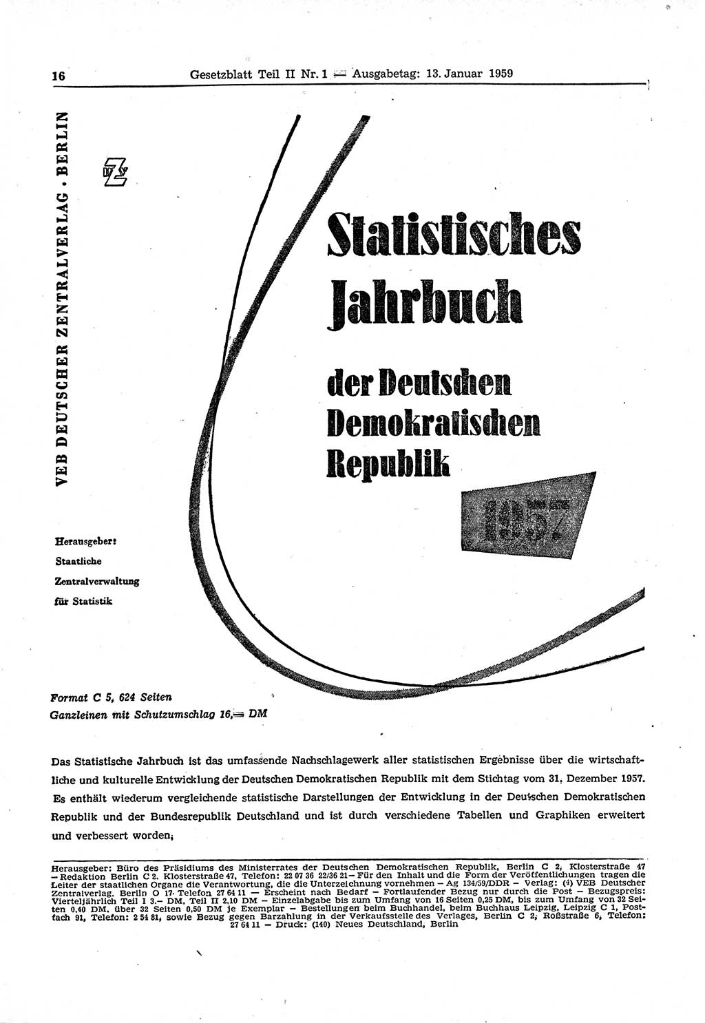Gesetzblatt (GBl.) der Deutschen Demokratischen Republik (DDR) Teil ⅠⅠ 1959, Seite 16 (GBl. DDR ⅠⅠ 1959, S. 16)