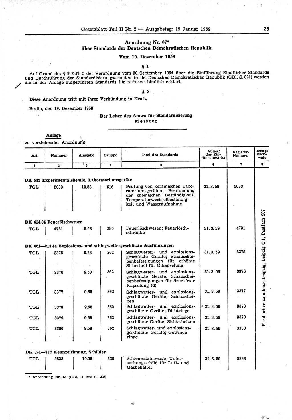 Gesetzblatt (GBl.) der Deutschen Demokratischen Republik (DDR) Teil ⅠⅠ 1959, Seite 25 (GBl. DDR ⅠⅠ 1959, S. 25)