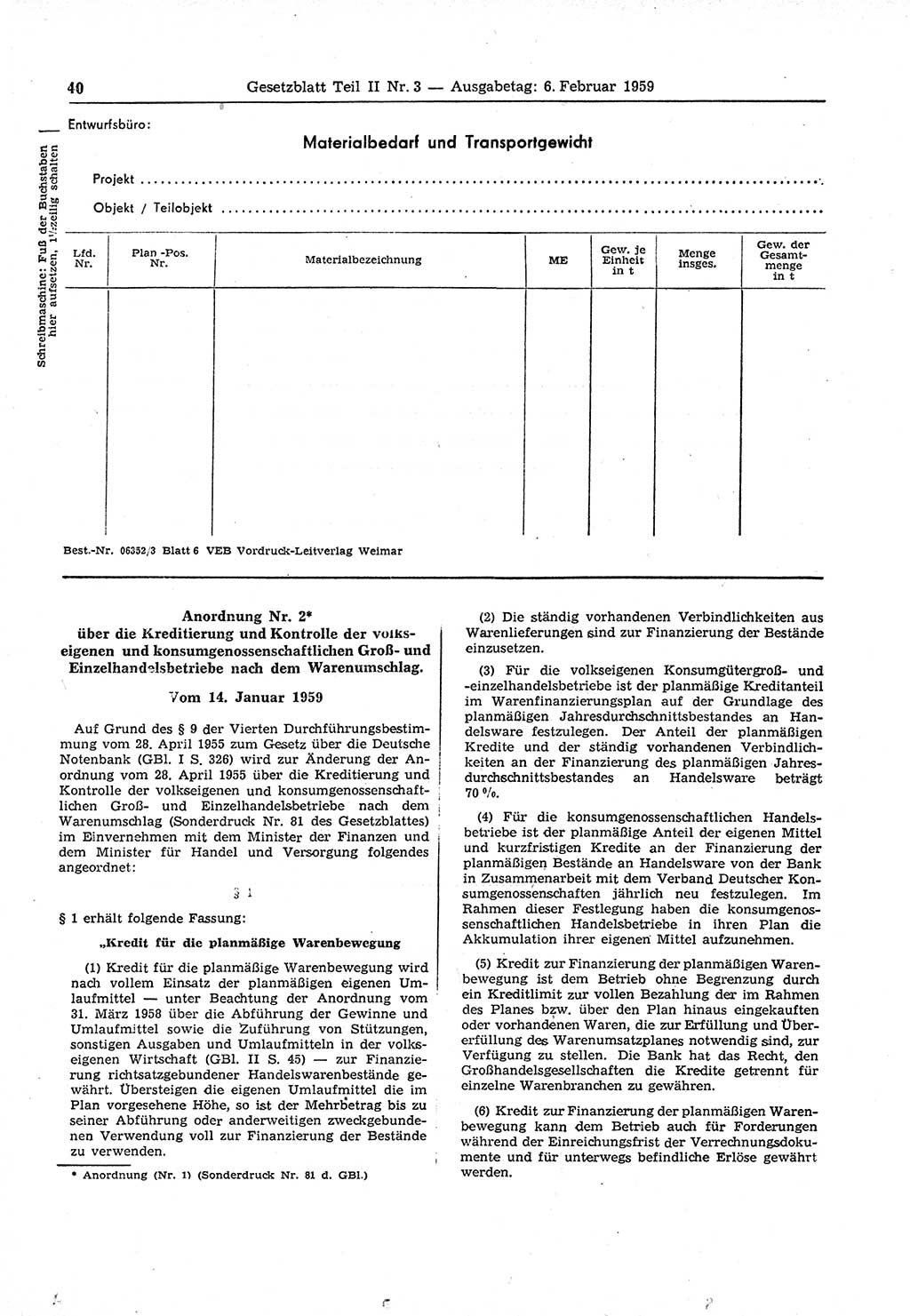 Gesetzblatt (GBl.) der Deutschen Demokratischen Republik (DDR) Teil ⅠⅠ 1959, Seite 40 (GBl. DDR ⅠⅠ 1959, S. 40)