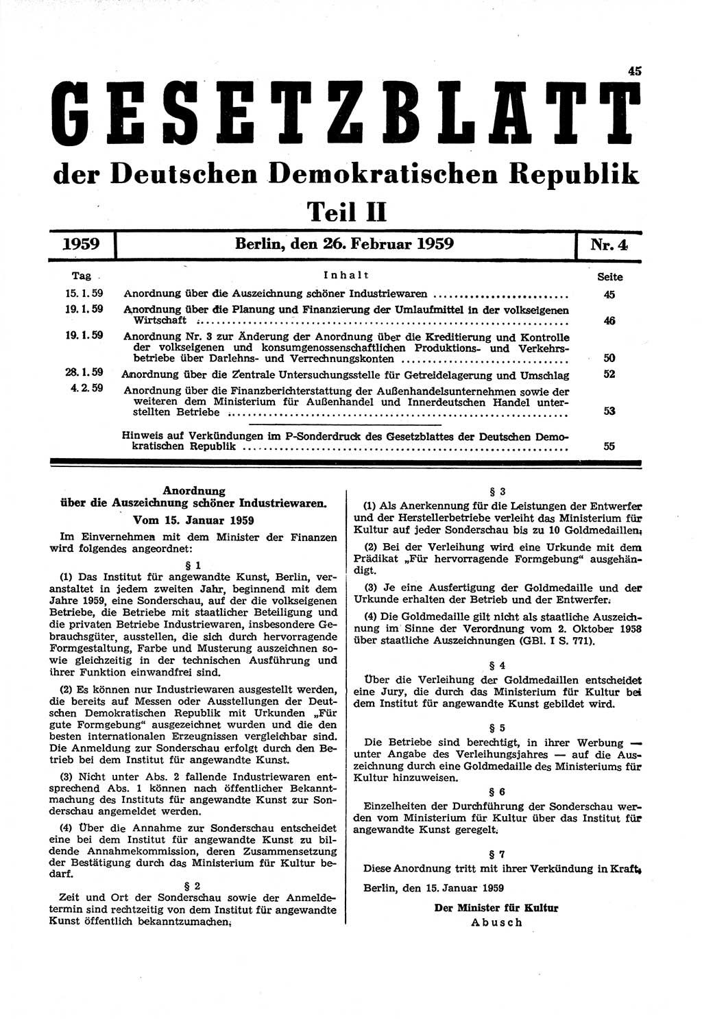 Gesetzblatt (GBl.) der Deutschen Demokratischen Republik (DDR) Teil ⅠⅠ 1959, Seite 45 (GBl. DDR ⅠⅠ 1959, S. 45)