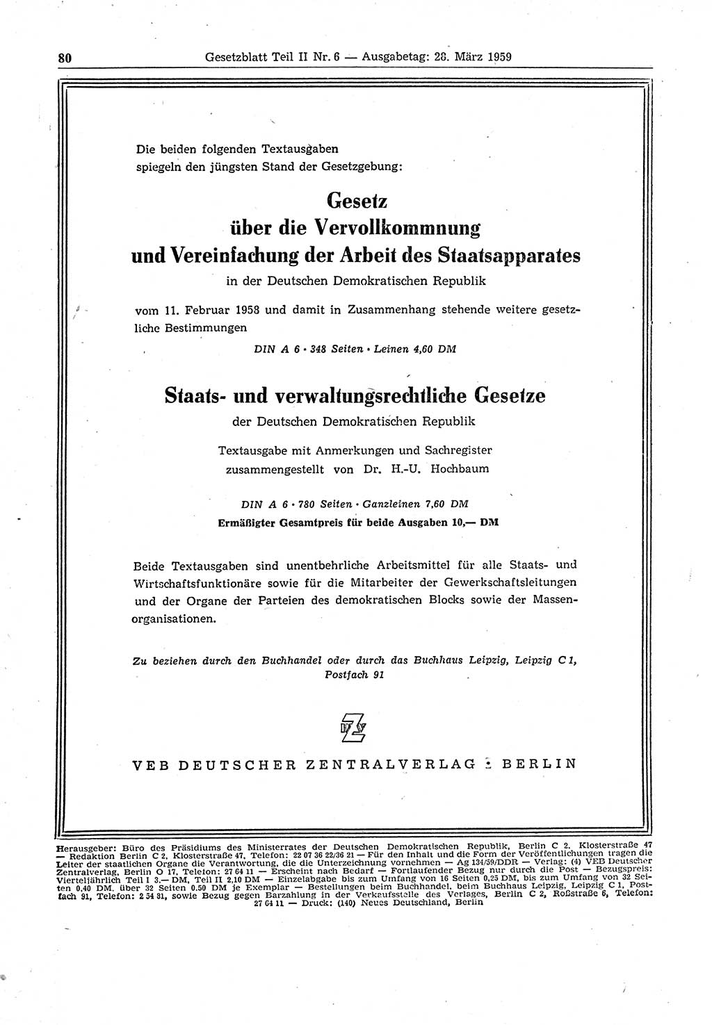 Gesetzblatt (GBl.) der Deutschen Demokratischen Republik (DDR) Teil ⅠⅠ 1959, Seite 80 (GBl. DDR ⅠⅠ 1959, S. 80)