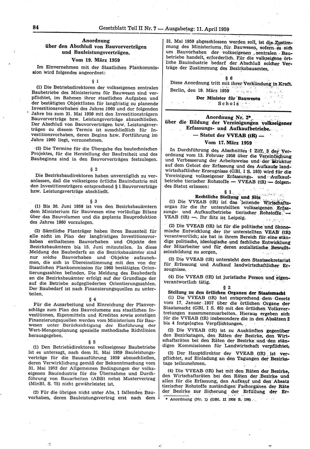 Gesetzblatt (GBl.) der Deutschen Demokratischen Republik (DDR) Teil ⅠⅠ 1959, Seite 84 (GBl. DDR ⅠⅠ 1959, S. 84)