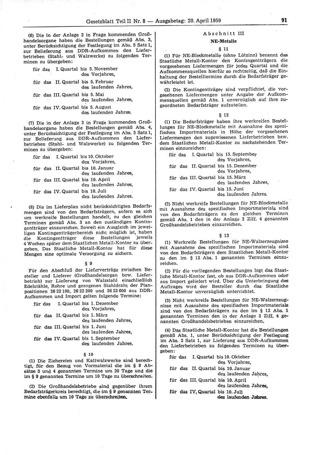 Gesetzblatt (GBl.) der Deutschen Demokratischen Republik (DDR) Teil ⅠⅠ 1959, Seite 91 (GBl. DDR ⅠⅠ 1959, S. 91)