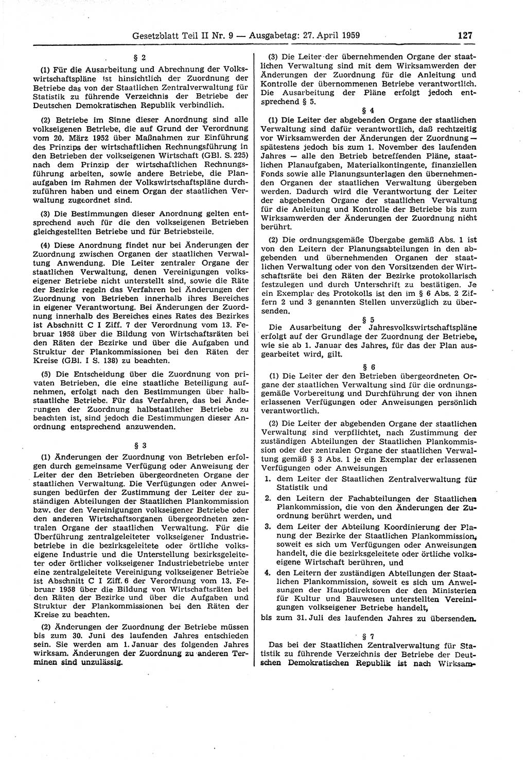 Gesetzblatt (GBl.) der Deutschen Demokratischen Republik (DDR) Teil ⅠⅠ 1959, Seite 127 (GBl. DDR ⅠⅠ 1959, S. 127)