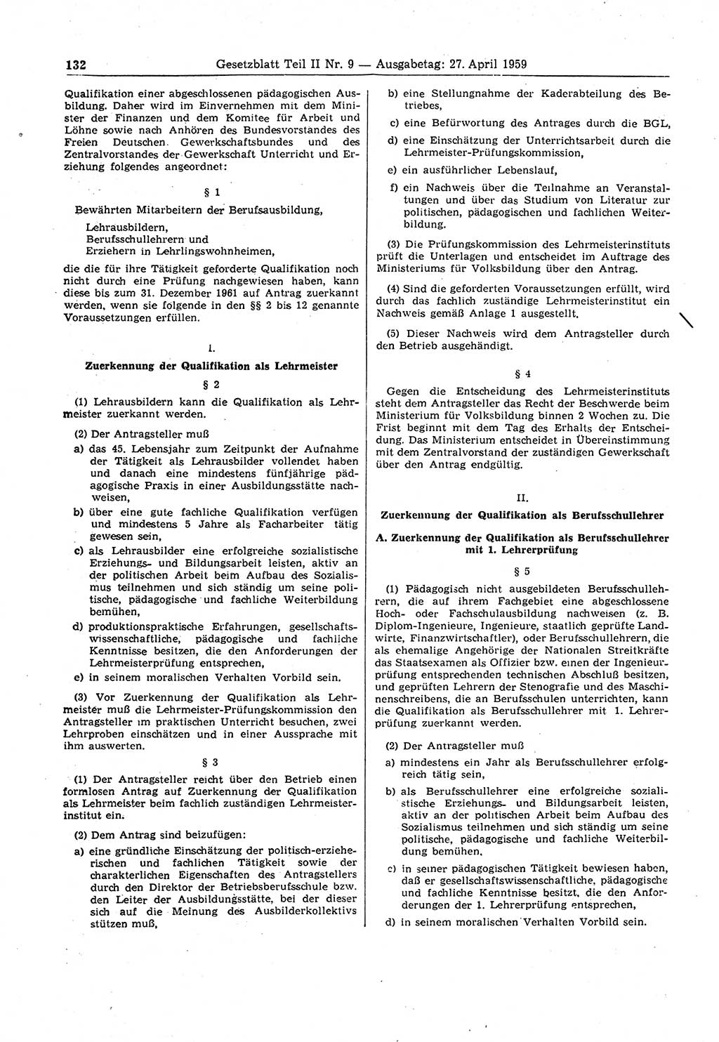 Gesetzblatt (GBl.) der Deutschen Demokratischen Republik (DDR) Teil ⅠⅠ 1959, Seite 132 (GBl. DDR ⅠⅠ 1959, S. 132)