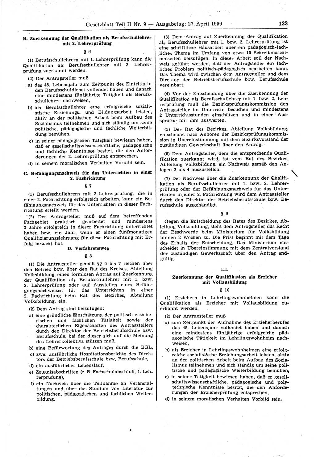 Gesetzblatt (GBl.) der Deutschen Demokratischen Republik (DDR) Teil ⅠⅠ 1959, Seite 133 (GBl. DDR ⅠⅠ 1959, S. 133)