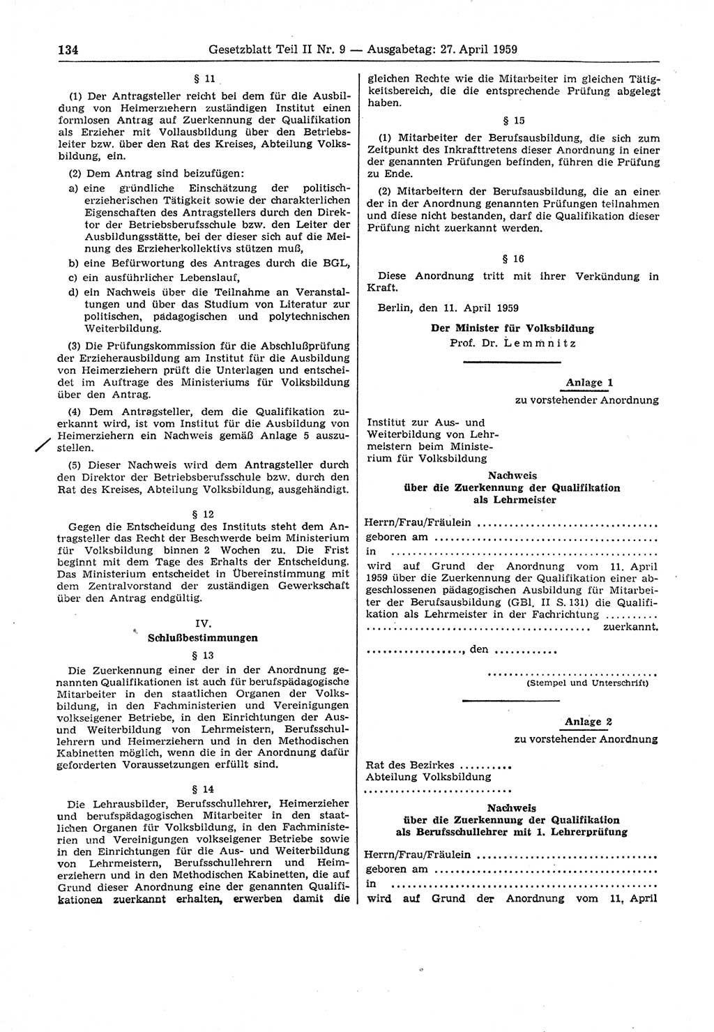 Gesetzblatt (GBl.) der Deutschen Demokratischen Republik (DDR) Teil ⅠⅠ 1959, Seite 134 (GBl. DDR ⅠⅠ 1959, S. 134)