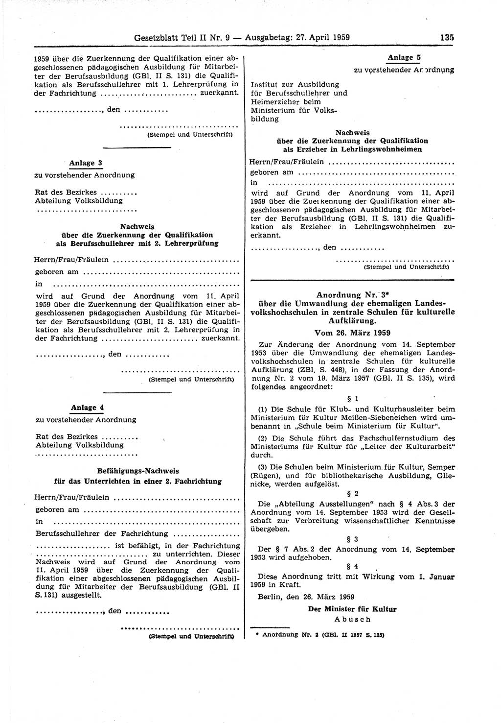 Gesetzblatt (GBl.) der Deutschen Demokratischen Republik (DDR) Teil ⅠⅠ 1959, Seite 135 (GBl. DDR ⅠⅠ 1959, S. 135)