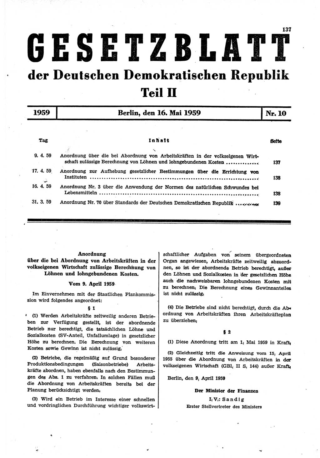 Gesetzblatt (GBl.) der Deutschen Demokratischen Republik (DDR) Teil ⅠⅠ 1959, Seite 137 (GBl. DDR ⅠⅠ 1959, S. 137)