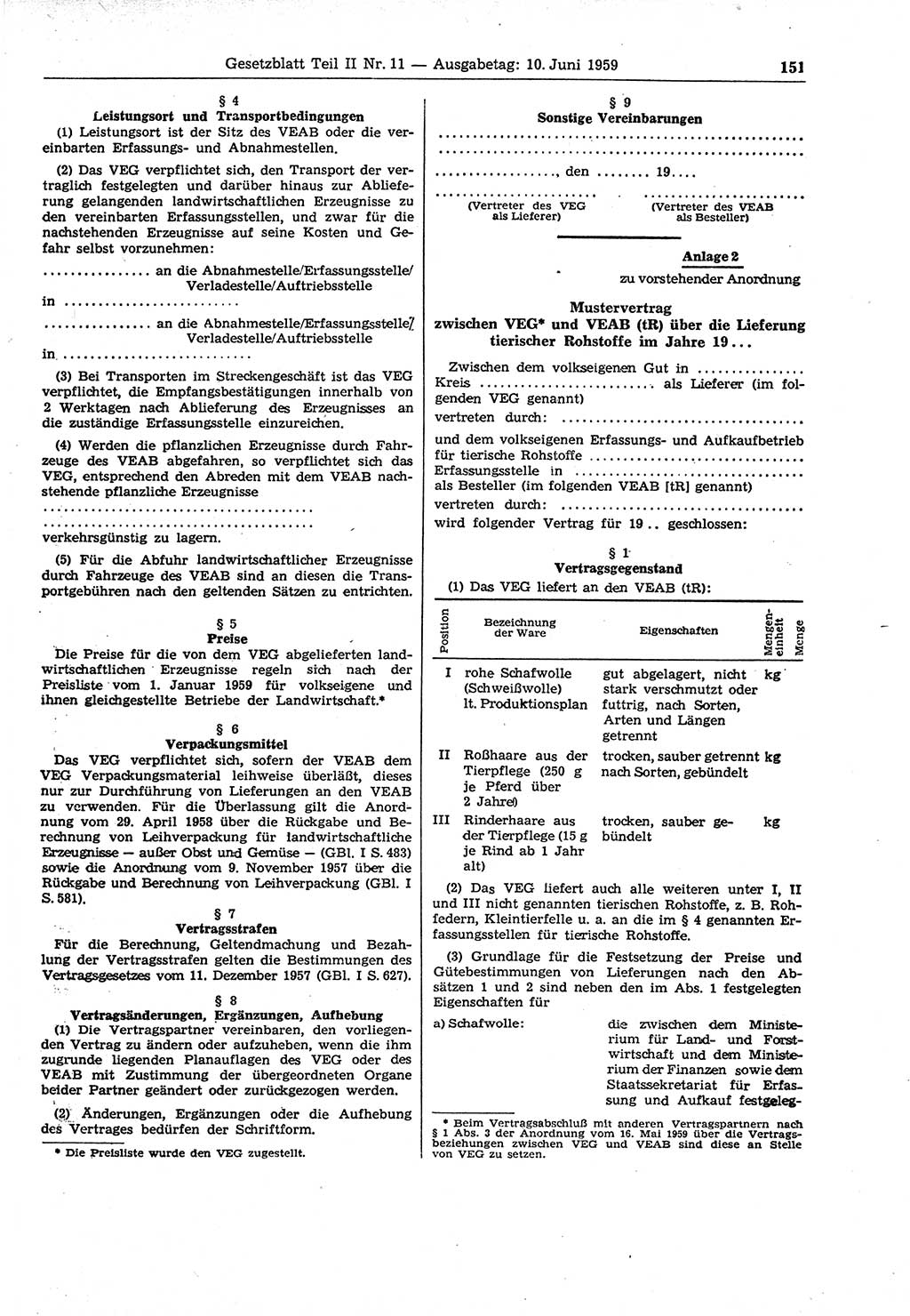 Gesetzblatt (GBl.) der Deutschen Demokratischen Republik (DDR) Teil ⅠⅠ 1959, Seite 151 (GBl. DDR ⅠⅠ 1959, S. 151)