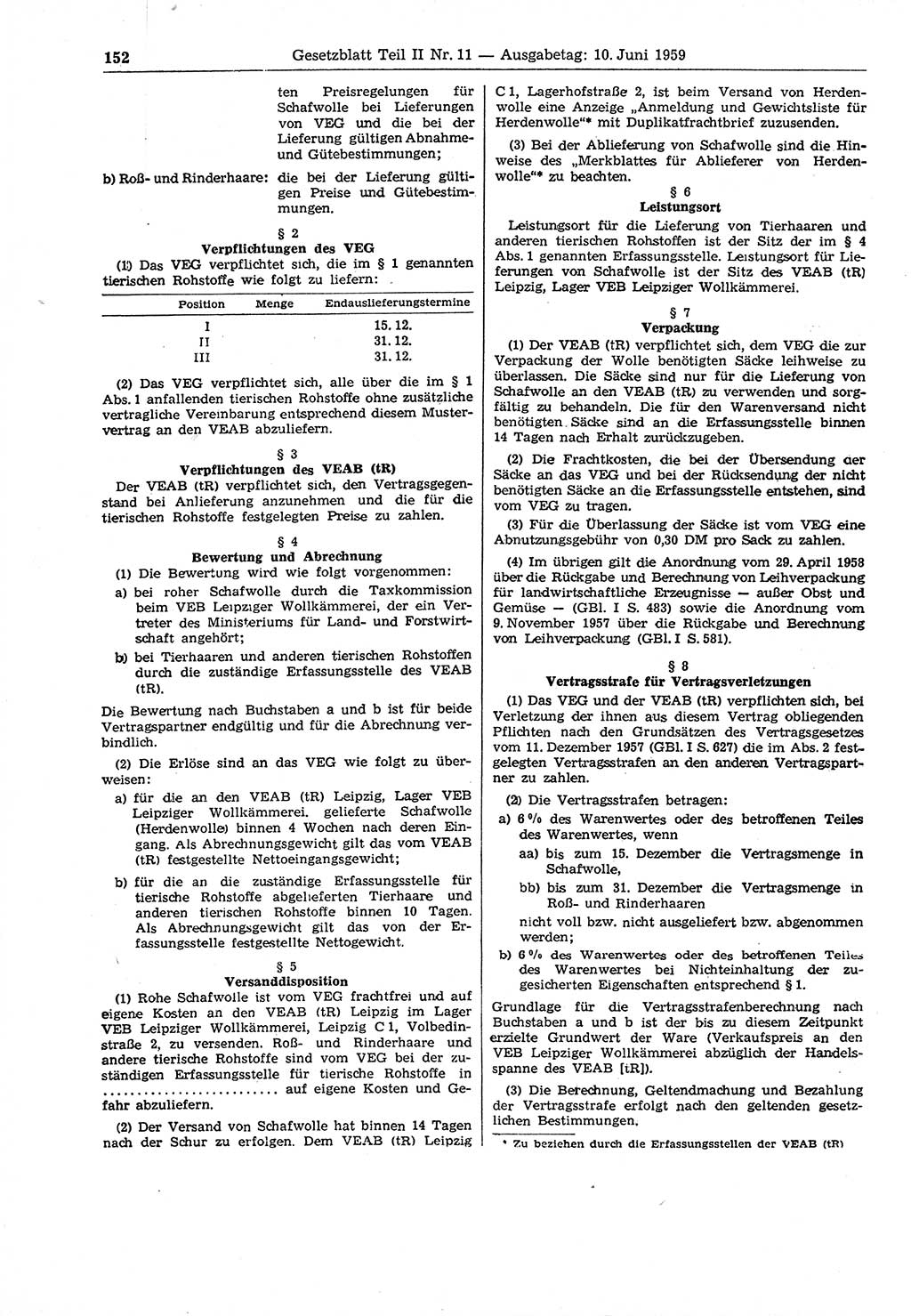 Gesetzblatt (GBl.) der Deutschen Demokratischen Republik (DDR) Teil ⅠⅠ 1959, Seite 152 (GBl. DDR ⅠⅠ 1959, S. 152)