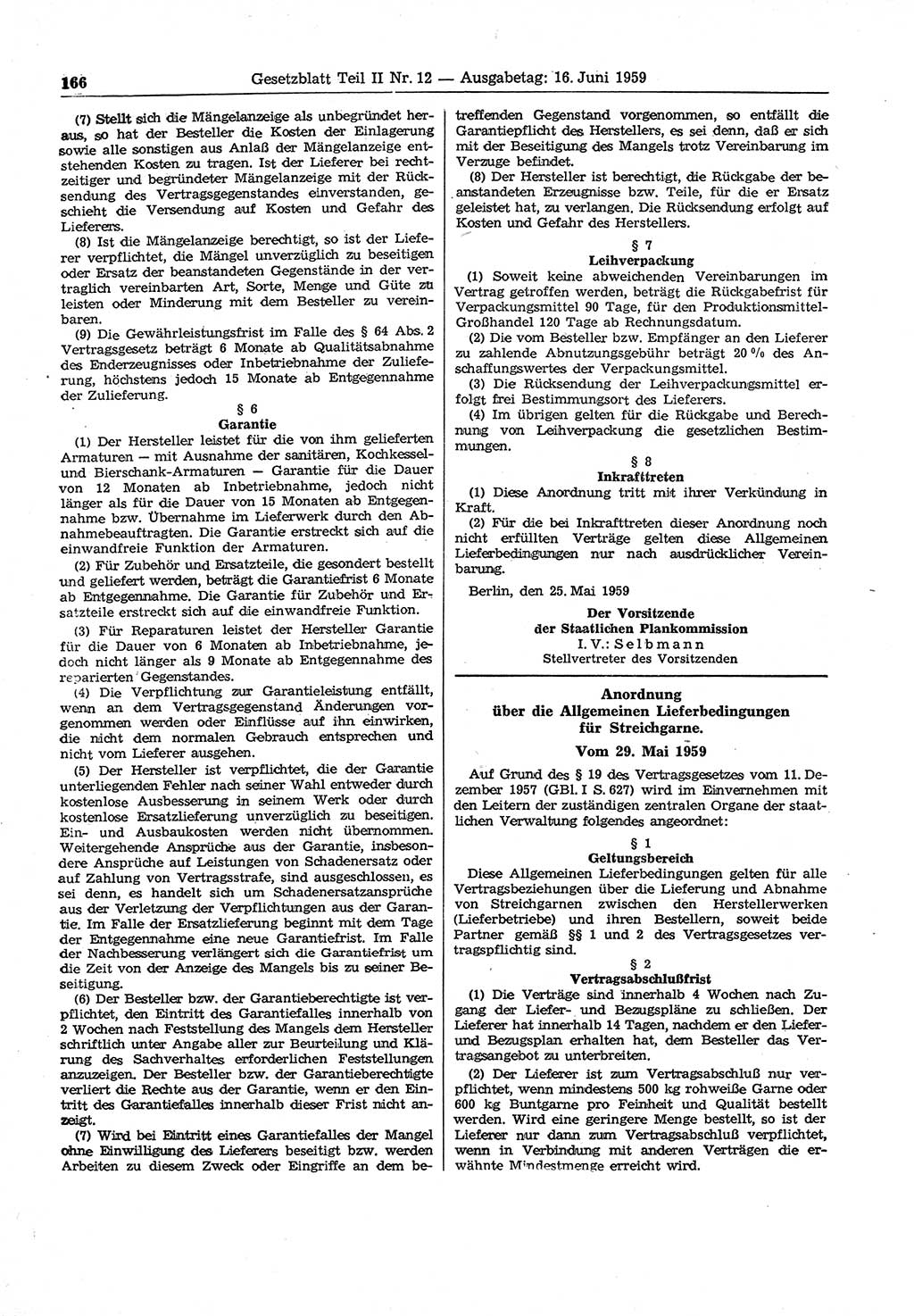 Gesetzblatt (GBl.) der Deutschen Demokratischen Republik (DDR) Teil ⅠⅠ 1959, Seite 166 (GBl. DDR ⅠⅠ 1959, S. 166)