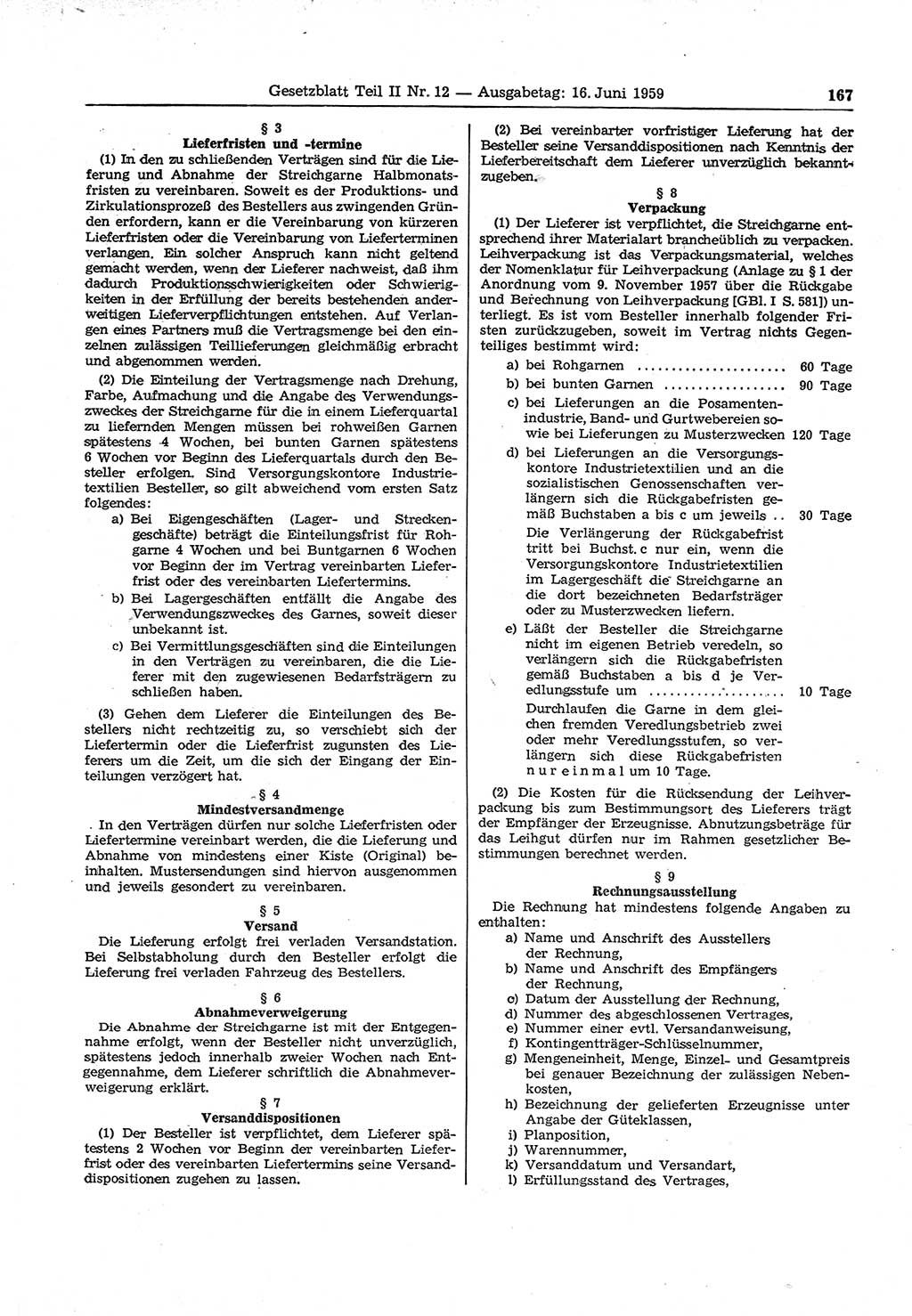 Gesetzblatt (GBl.) der Deutschen Demokratischen Republik (DDR) Teil ⅠⅠ 1959, Seite 167 (GBl. DDR ⅠⅠ 1959, S. 167)
