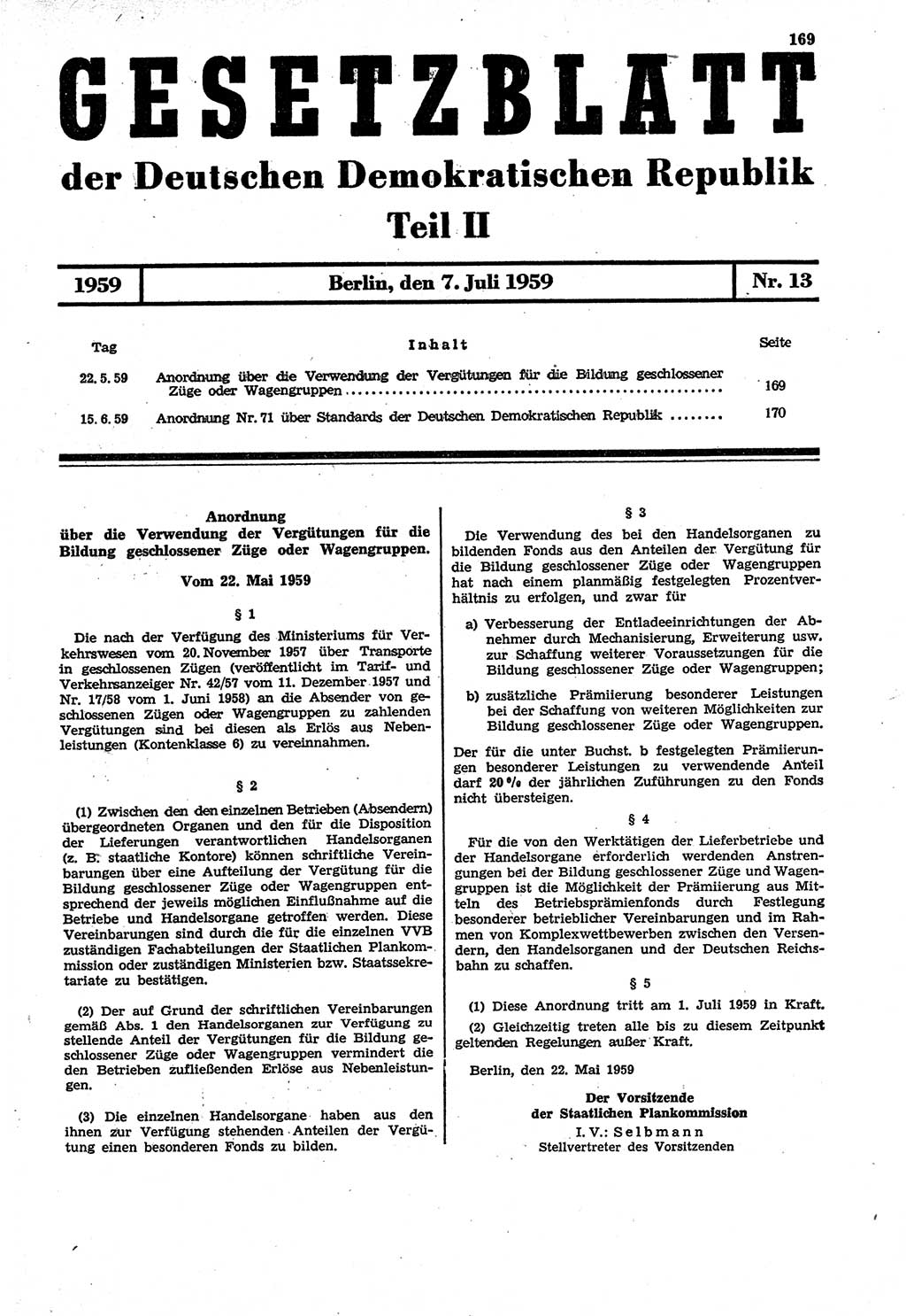 Gesetzblatt (GBl.) der Deutschen Demokratischen Republik (DDR) Teil ⅠⅠ 1959, Seite 169 (GBl. DDR ⅠⅠ 1959, S. 169)