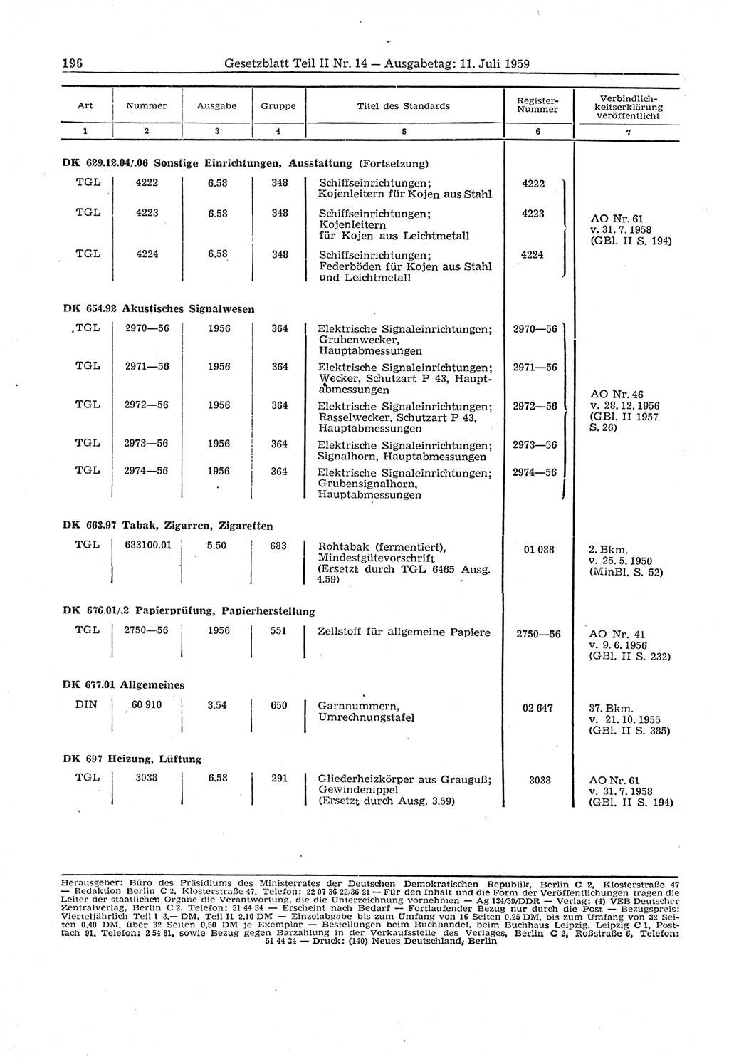 Gesetzblatt (GBl.) der Deutschen Demokratischen Republik (DDR) Teil ⅠⅠ 1959, Seite 196 (GBl. DDR ⅠⅠ 1959, S. 196)