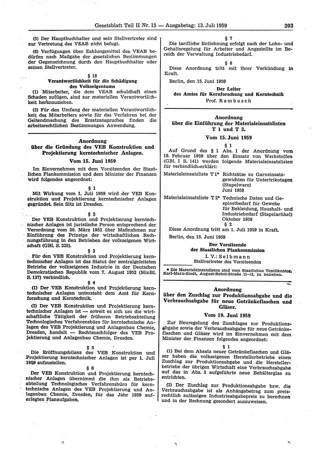 Gesetzblatt (GBl.) der Deutschen Demokratischen Republik (DDR) Teil ⅠⅠ 1959, Seite 203 (GBl. DDR ⅠⅠ 1959, S. 203)