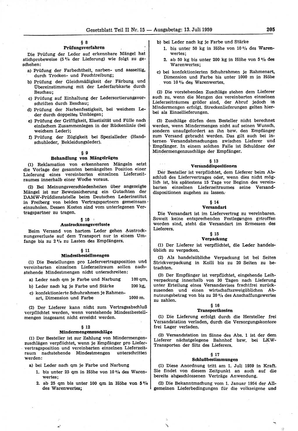 Gesetzblatt (GBl.) der Deutschen Demokratischen Republik (DDR) Teil ⅠⅠ 1959, Seite 205 (GBl. DDR ⅠⅠ 1959, S. 205)